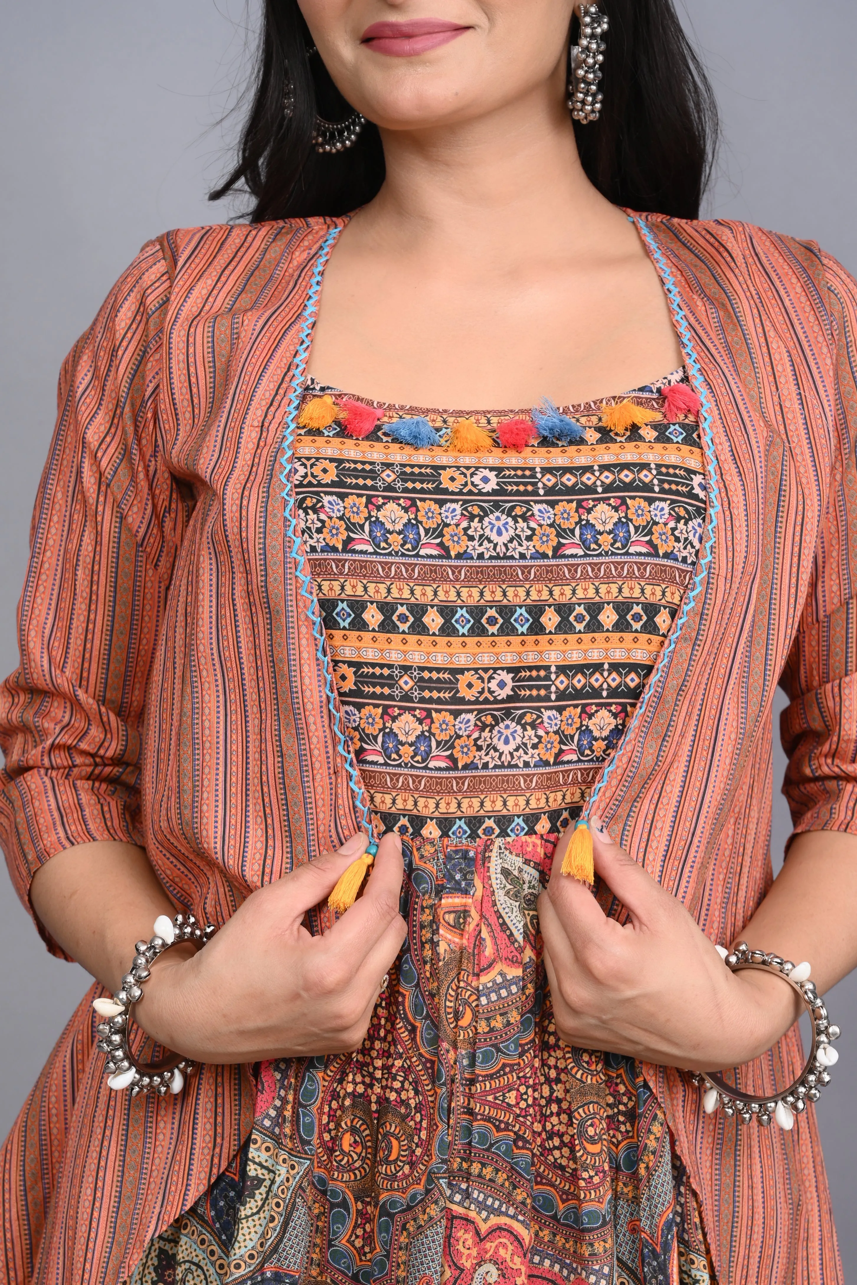 Multi Colored Cotton Ethnic Motif Maxi Dress with Shrug