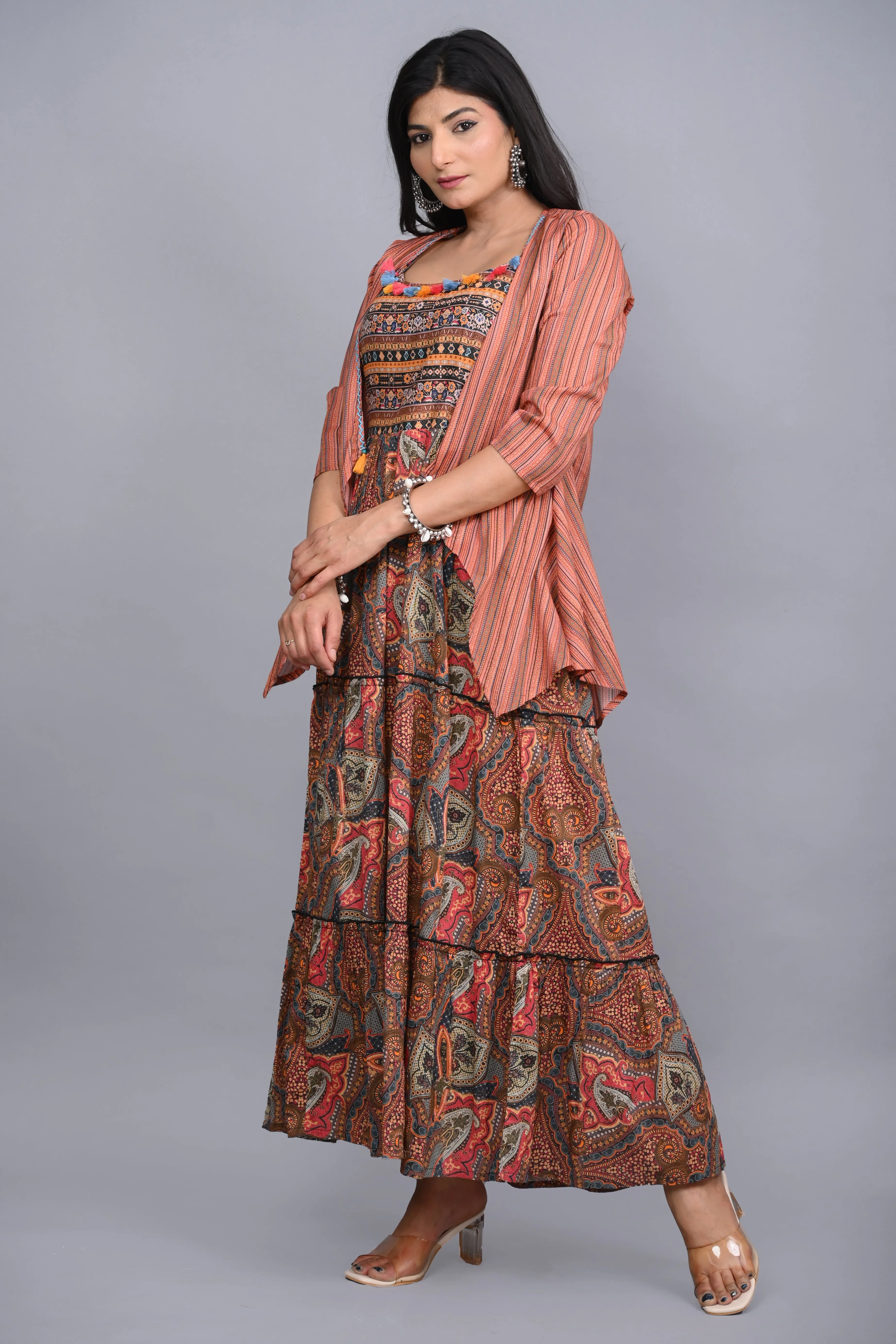 Multi Colored Cotton Ethnic Motif Maxi Dress with Shrug