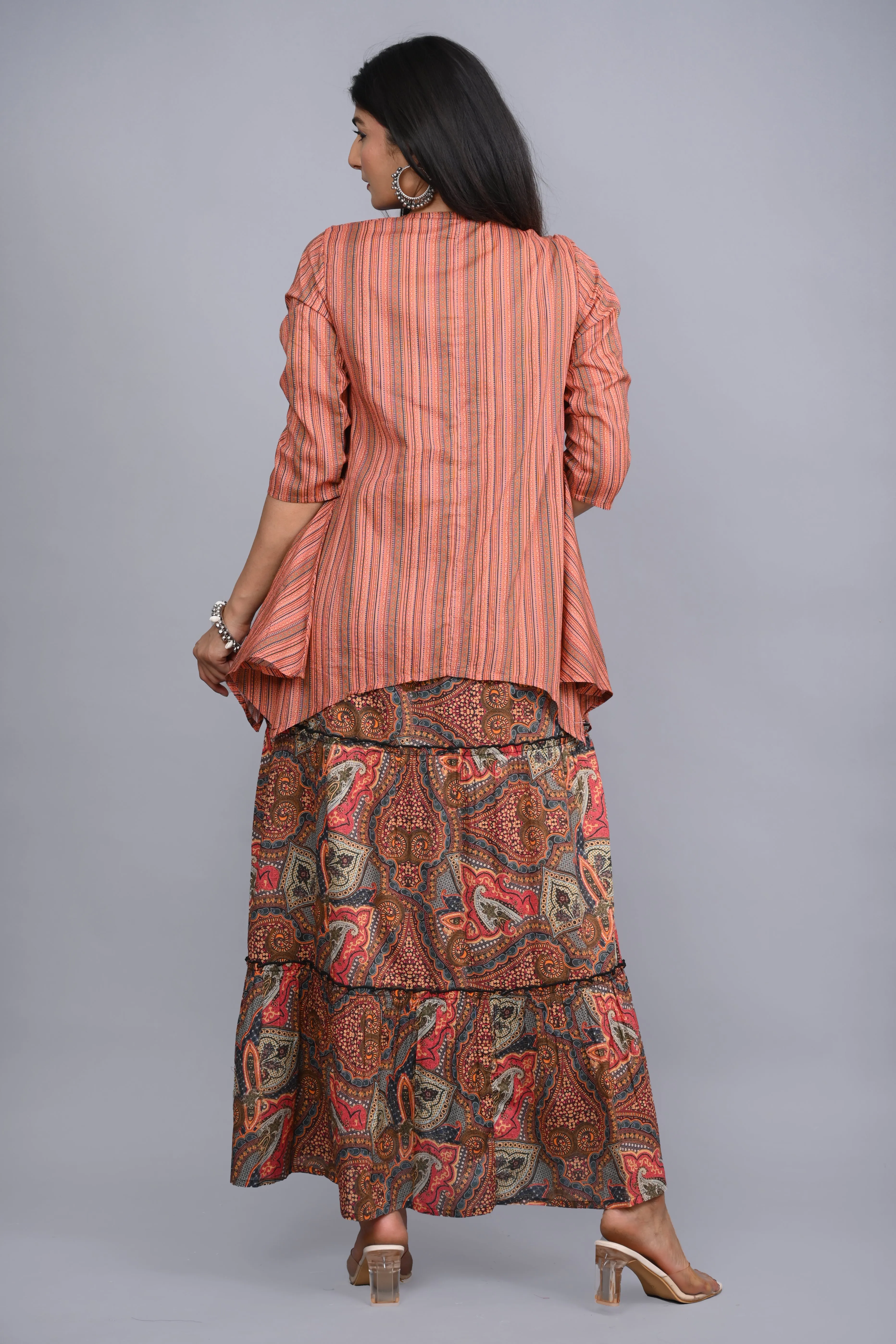 Multi Colored Cotton Ethnic Motif Maxi Dress with Shrug