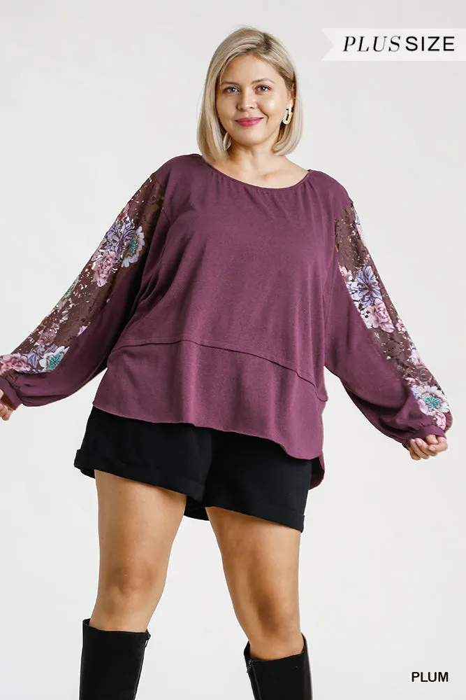 Multicolor Floral Lace Sleeve Top, Plum