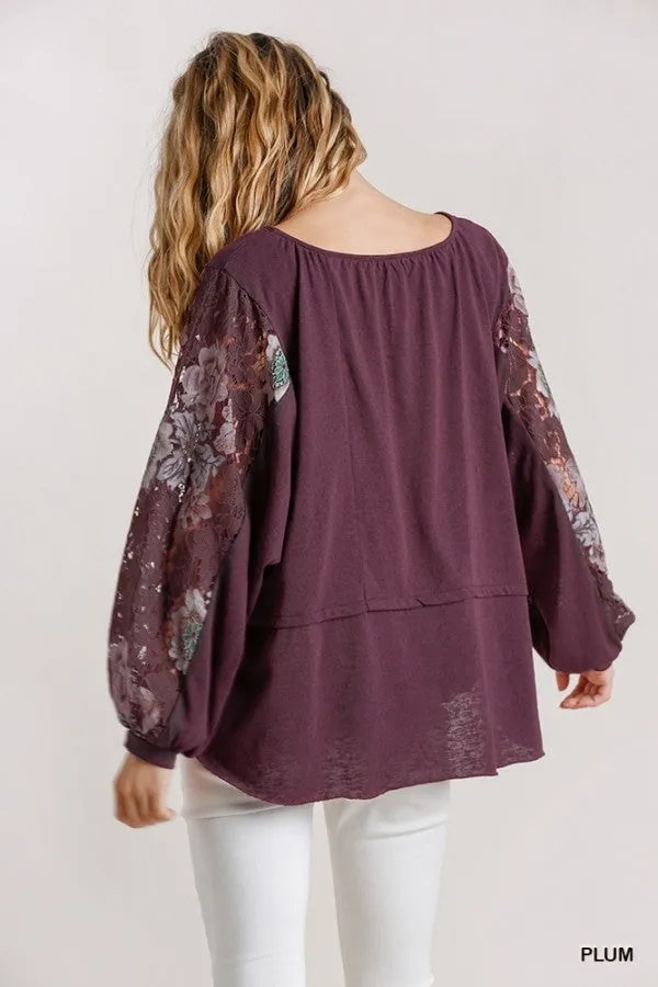 Multicolor Floral Lace Sleeve Top, Plum