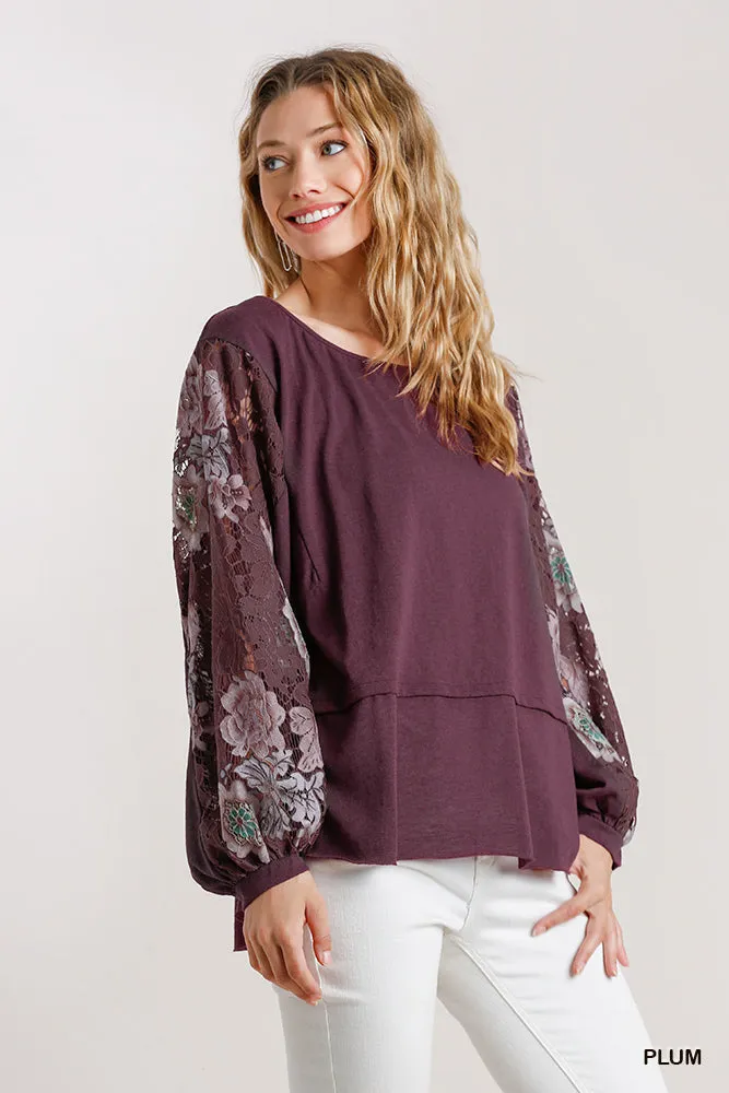 Multicolor Floral Lace Sleeve Top, Plum