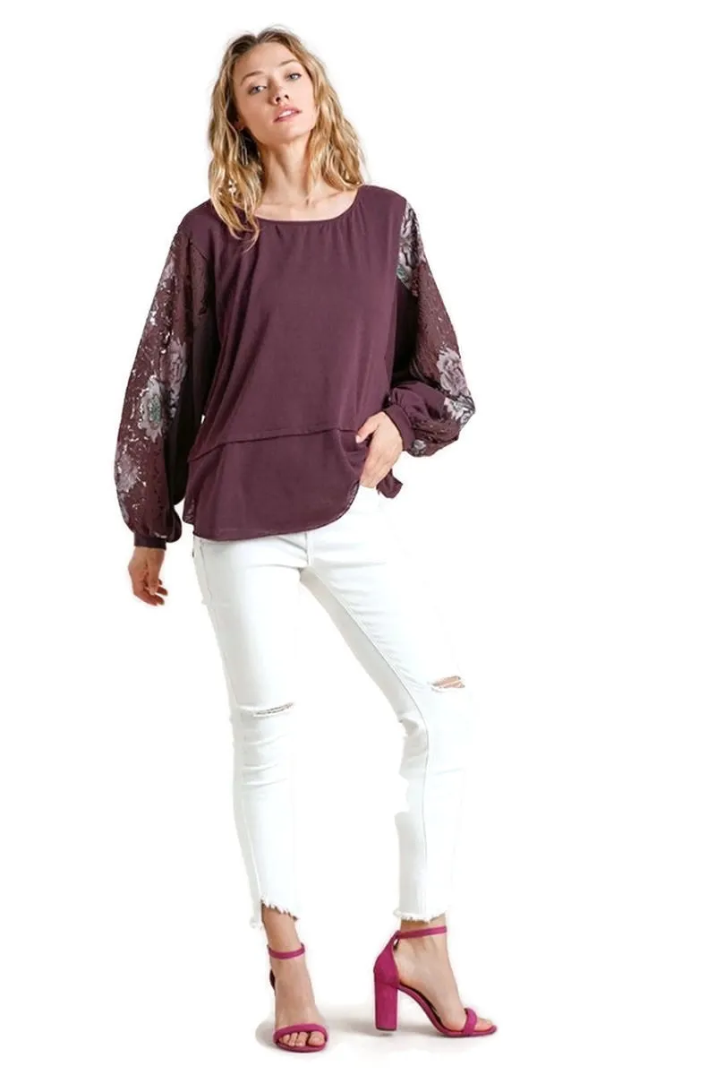 Multicolor Floral Lace Sleeve Top, Plum