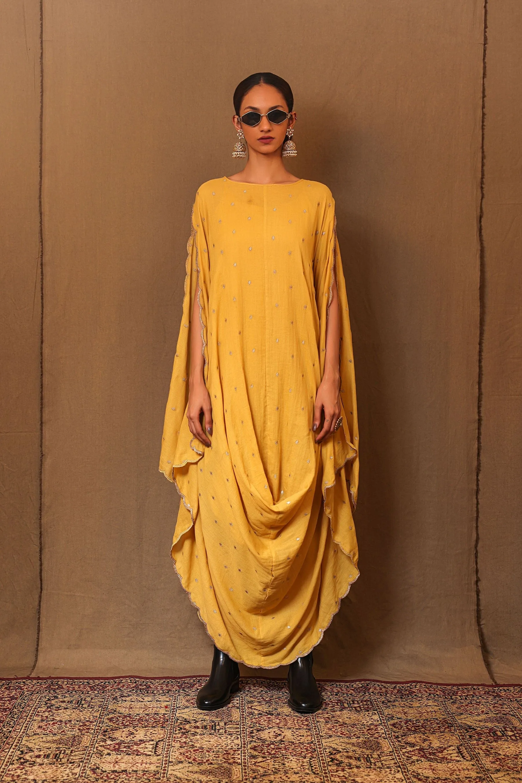 Mustard Zari Spade EMB Cowl Dress