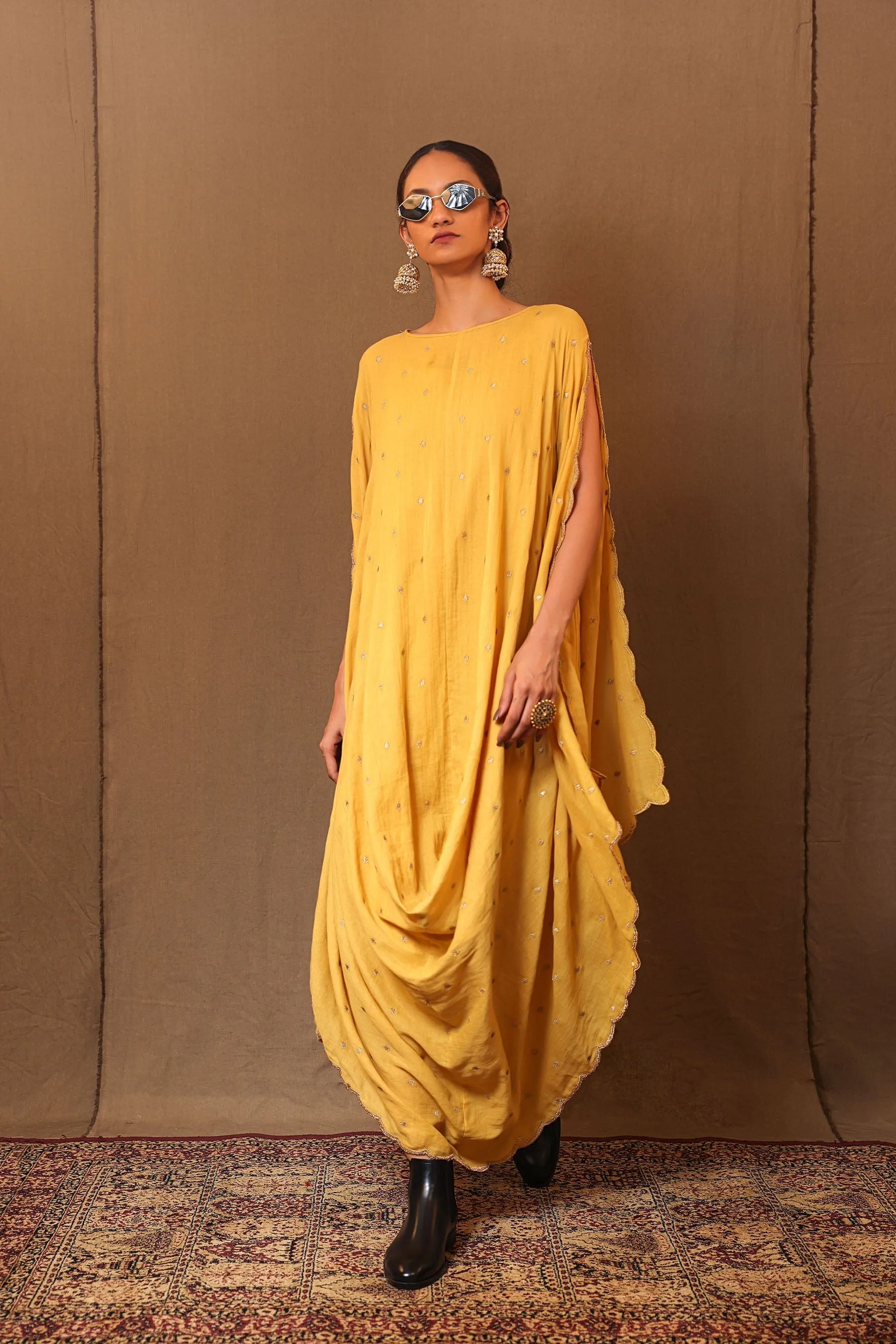 Mustard Zari Spade EMB Cowl Dress