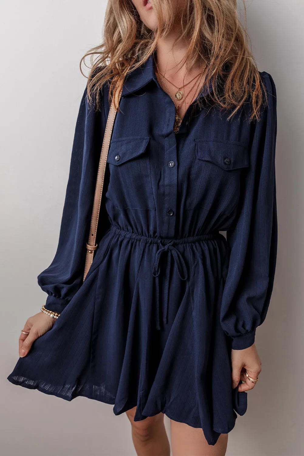 Navy Blue Solid Chest Pockets Tunic Shirt Mini Dress