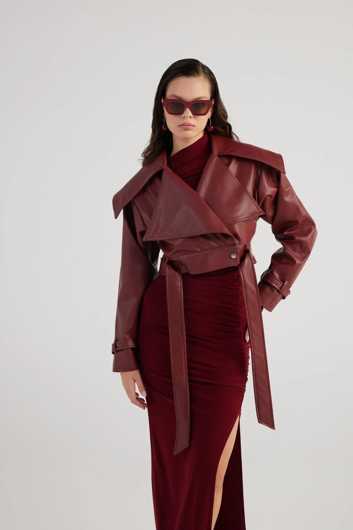 Neeko Burgundy Faux Leather Cropped Jacket