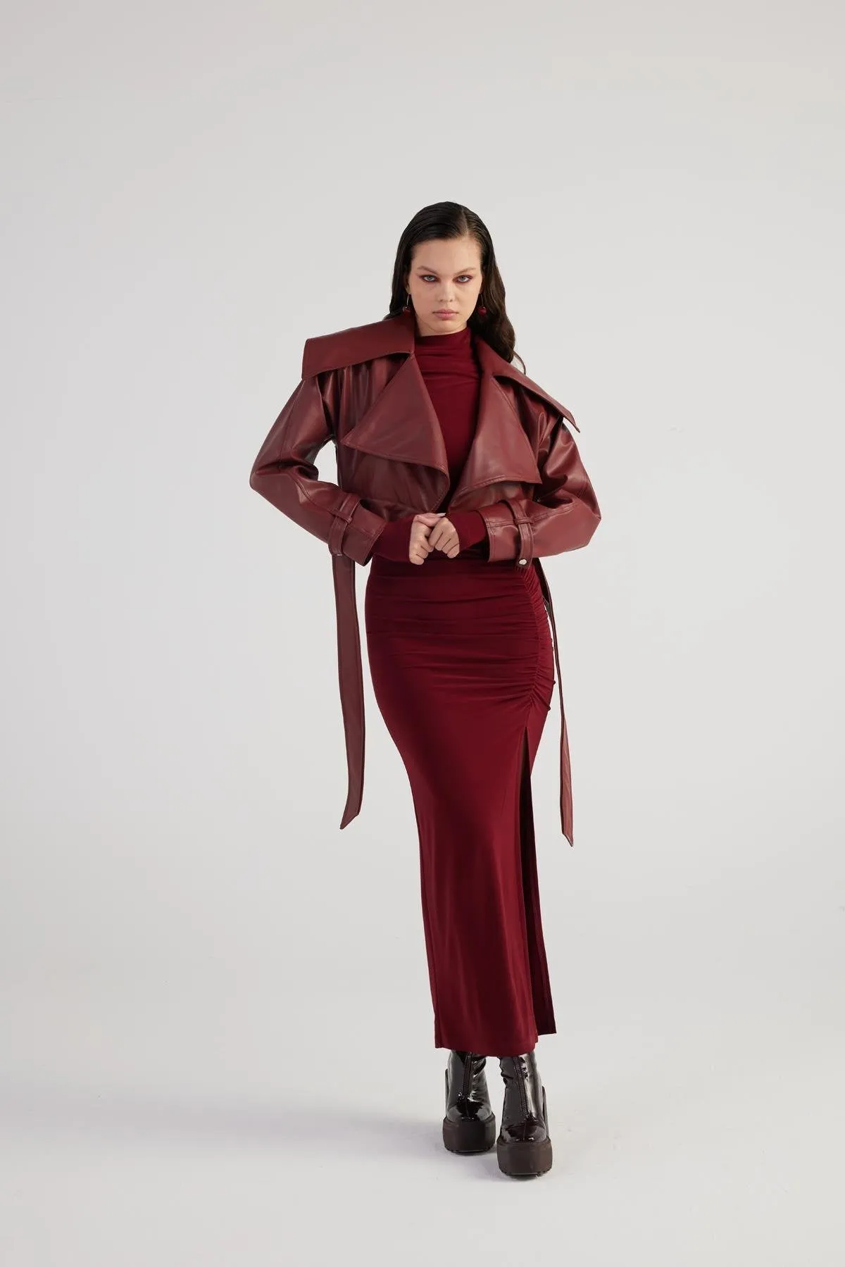 Neeko Burgundy Faux Leather Cropped Jacket