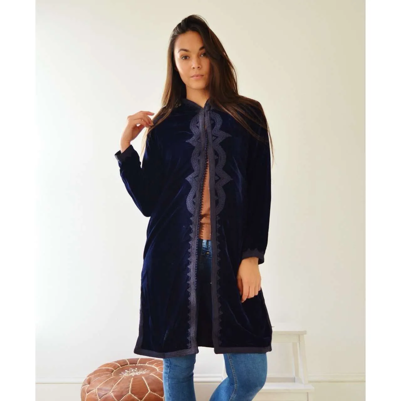 New Navy Blue Velvet Luxury Bohemian Jacket with Black Embroidery- bohemian Jacket