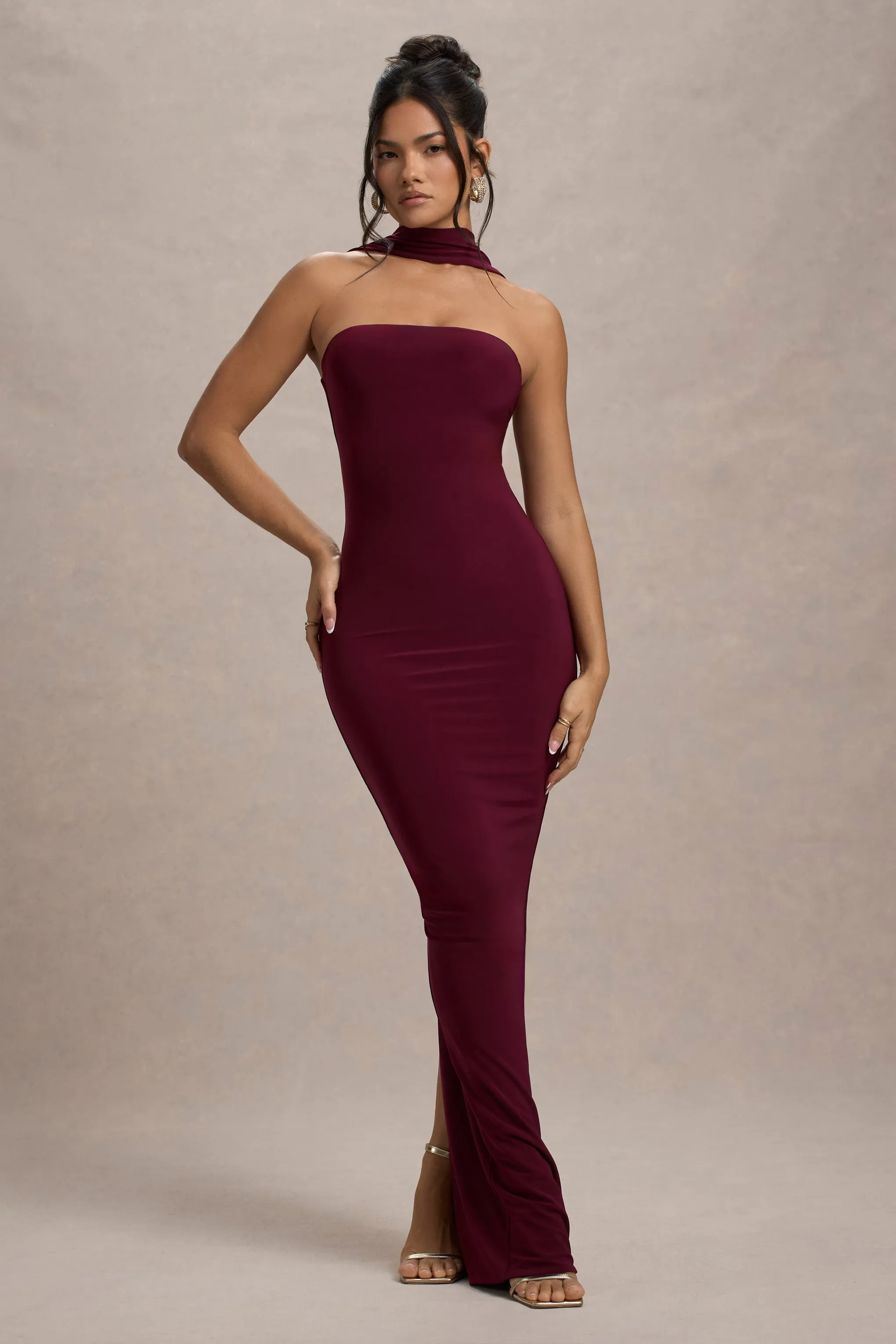 Nobu | Burgundy Bandeau Maxi Dress With Halter-Collar