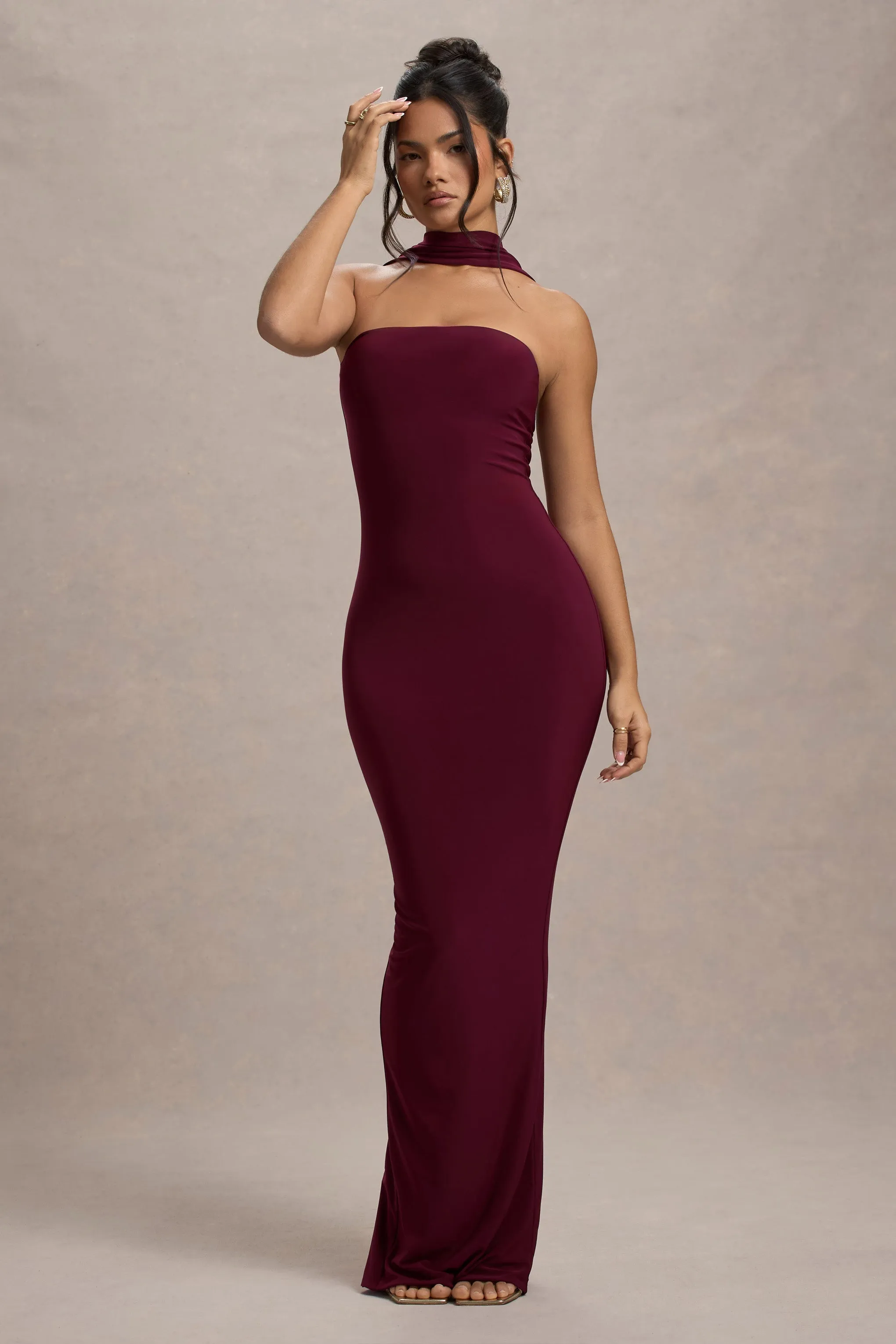 Nobu | Burgundy Bandeau Maxi Dress With Halter-Collar