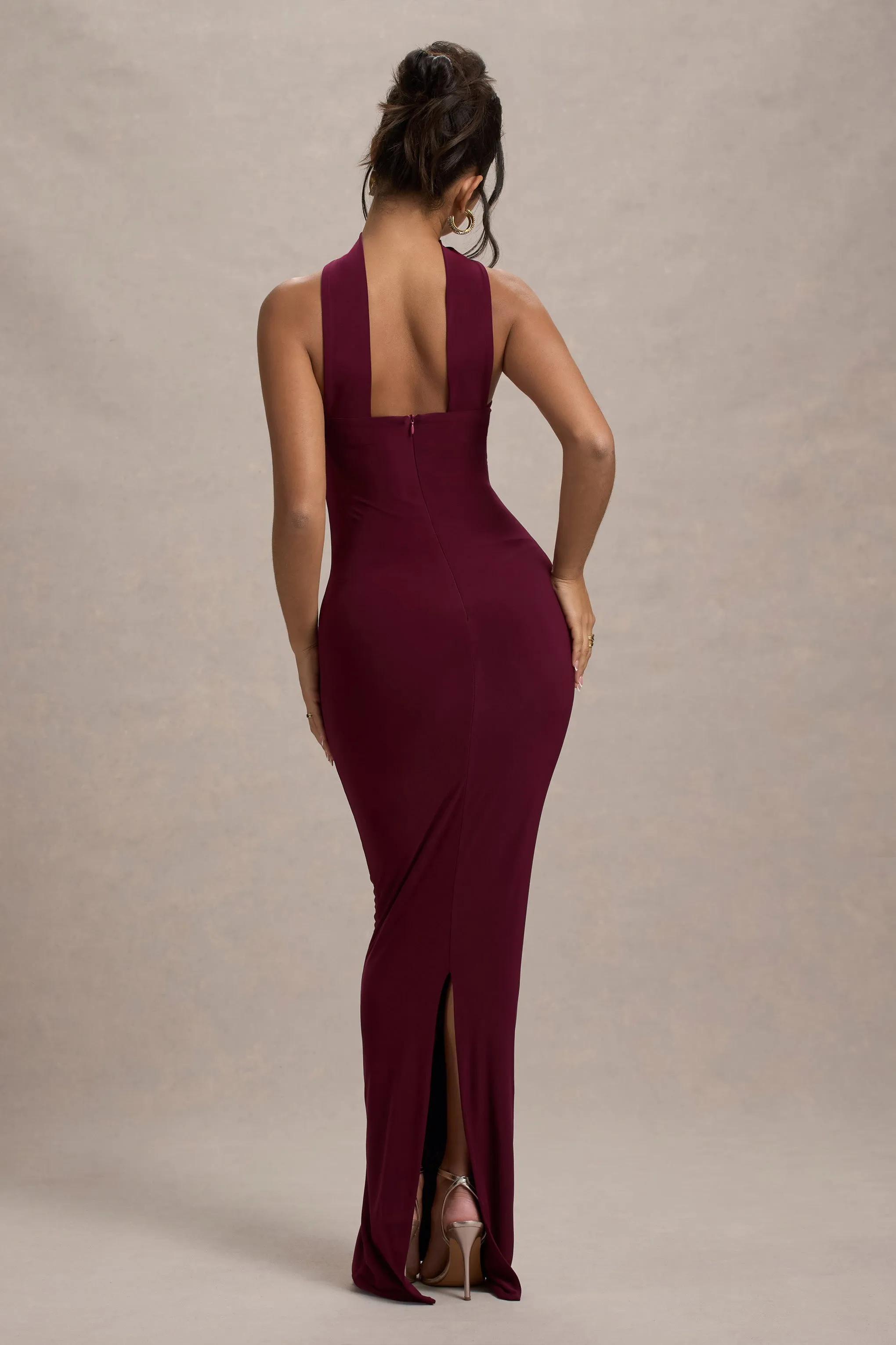 Nobu | Burgundy Bandeau Maxi Dress With Halter-Collar