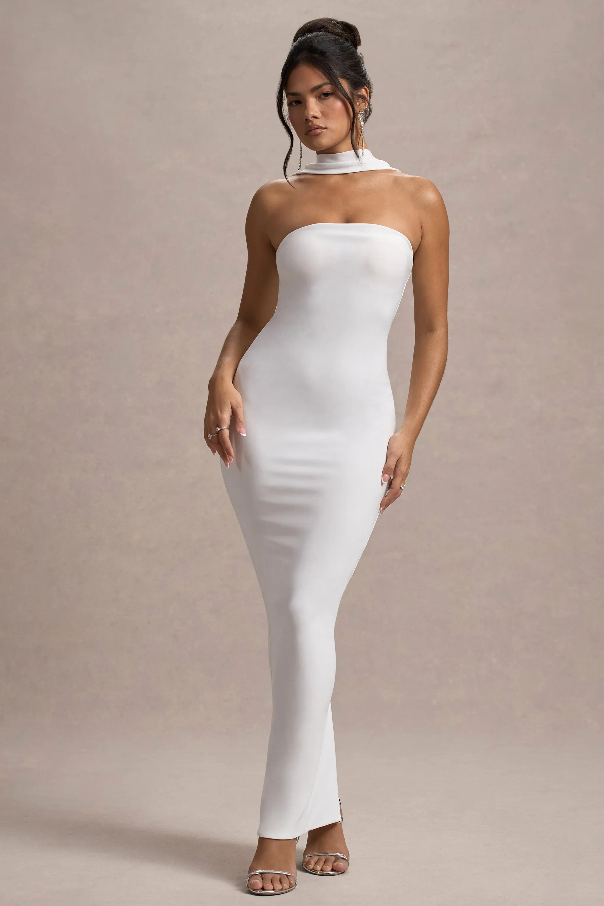 Nobu | White Bandeau Maxi Dress With Halter-Collar