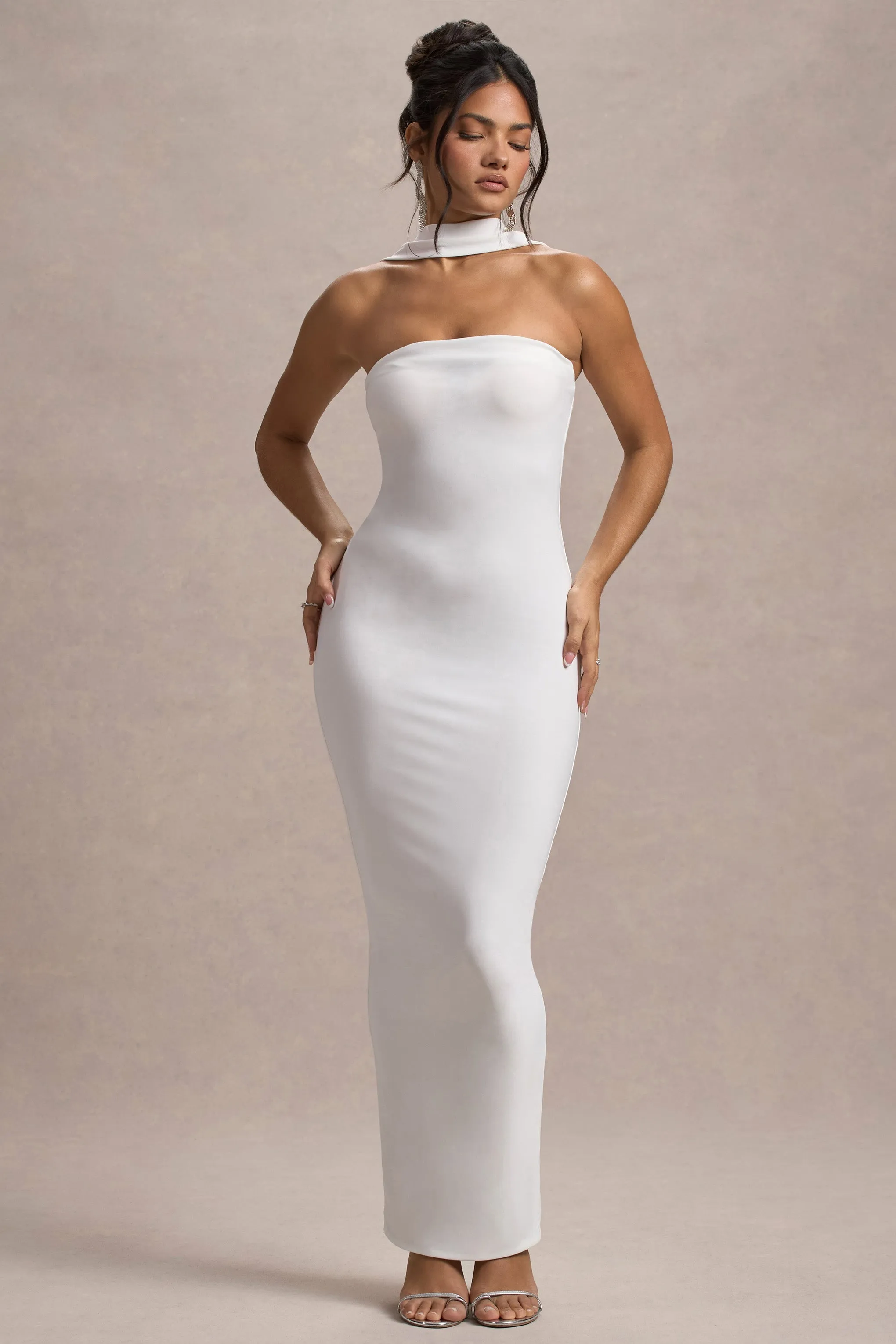 Nobu | White Bandeau Maxi Dress With Halter-Collar