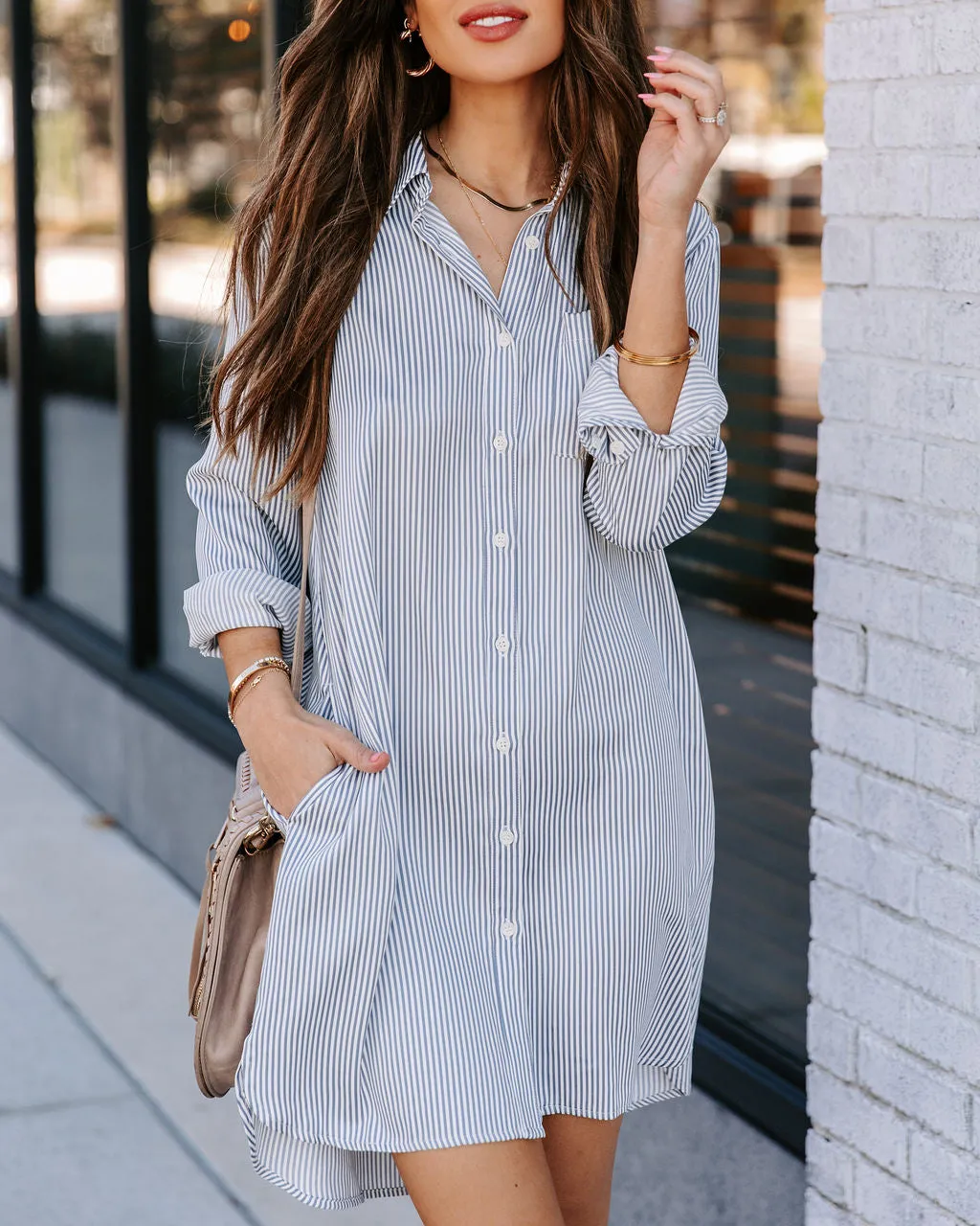 Nolita Pocketed Striped Button Down Shirt Dress - Blue