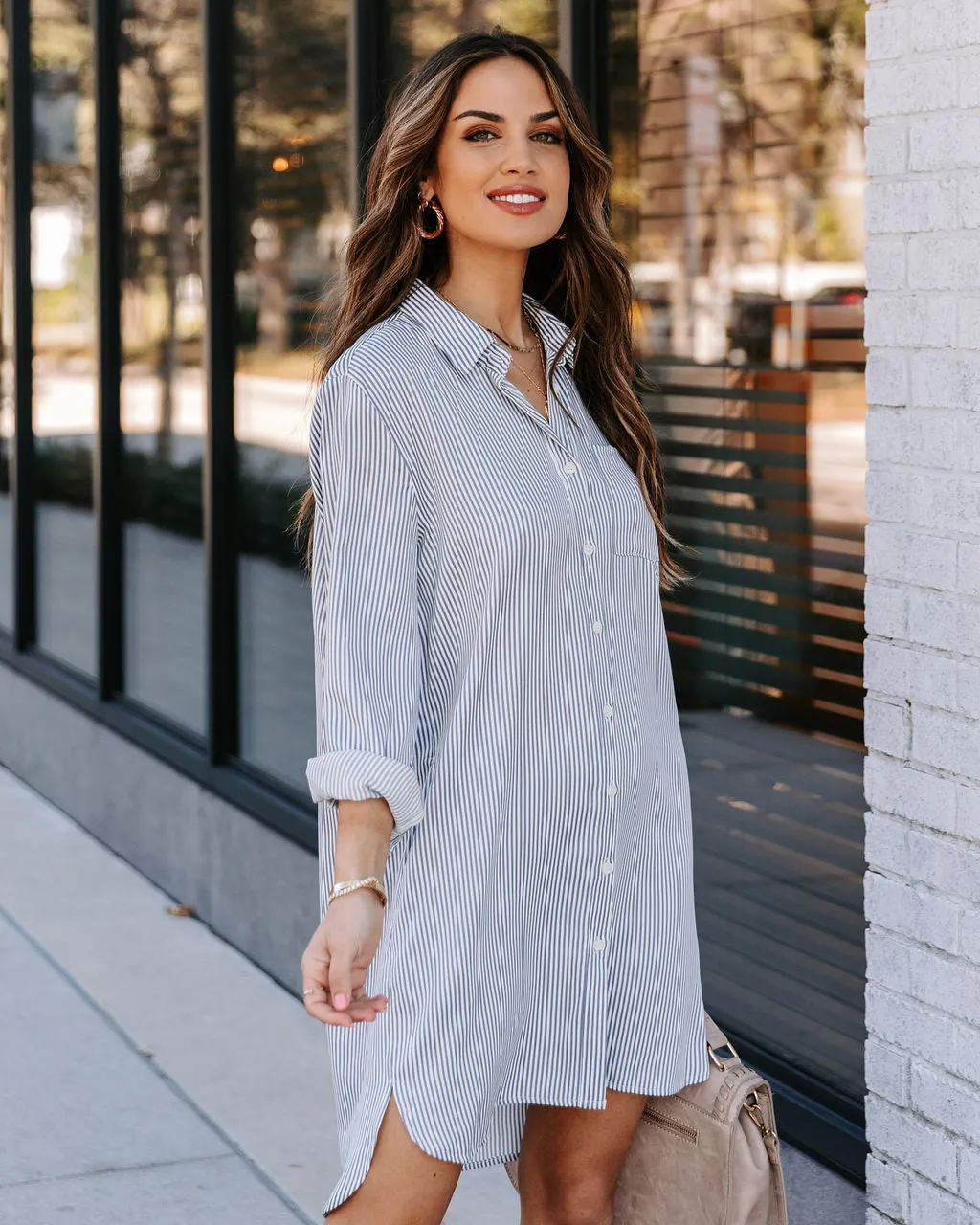 Nolita Pocketed Striped Button Down Shirt Dress - Blue