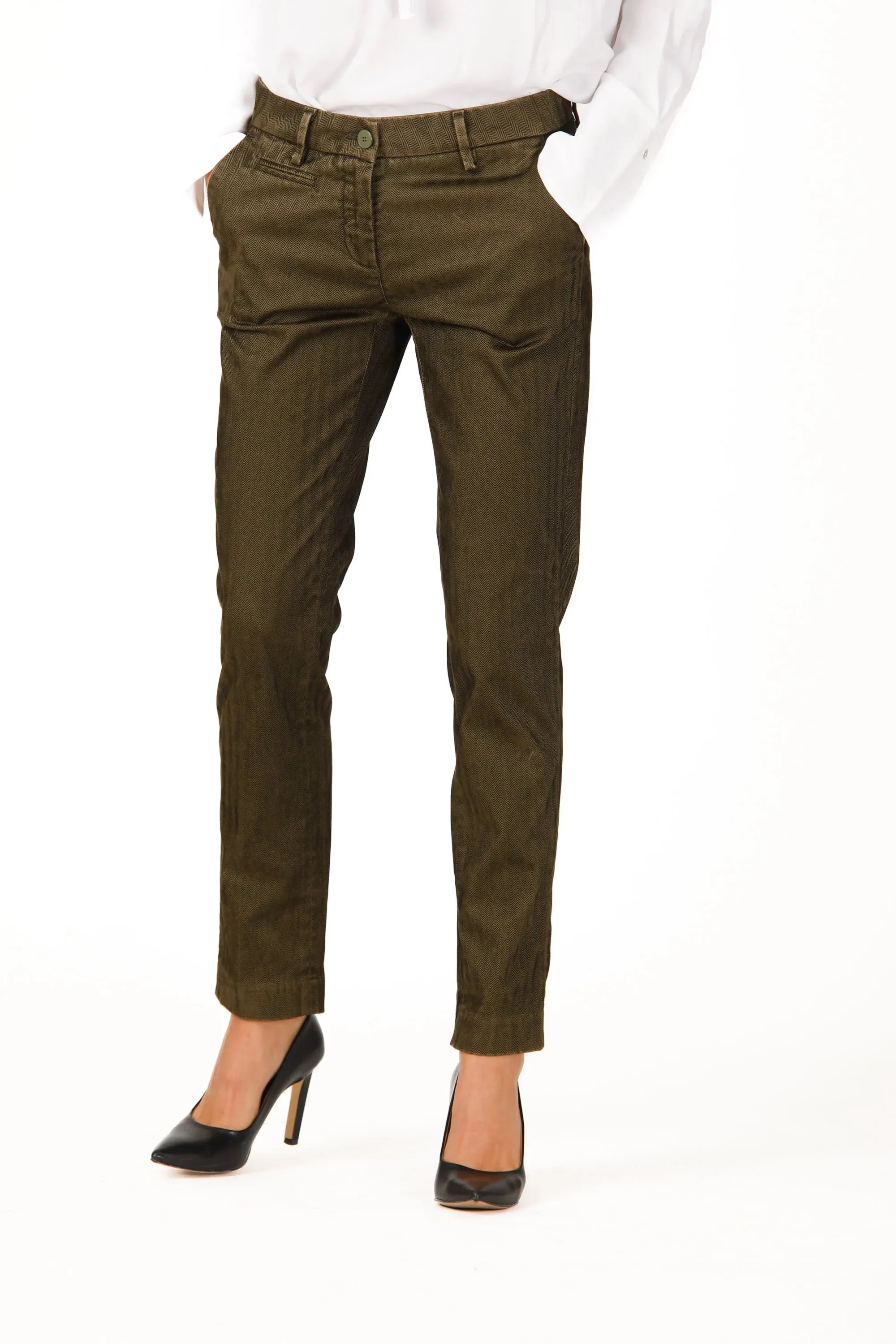 NY Slim Chino Pants - Forest Green Herringbone