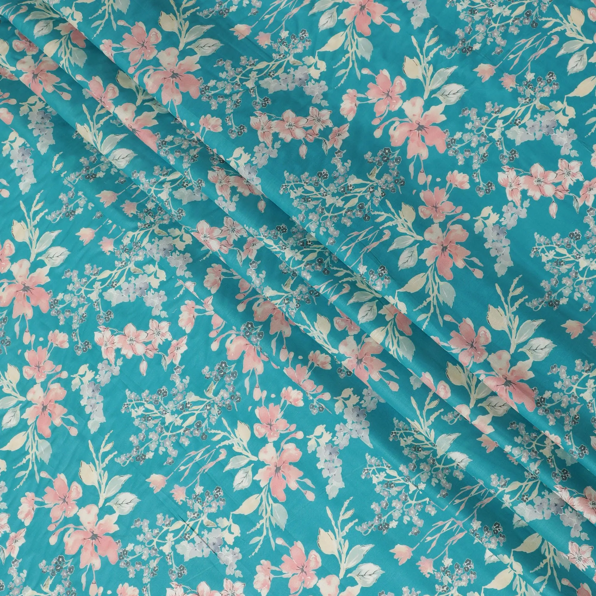 Ocean blue cotton satin fabric with multicolor print in floral design-D16774