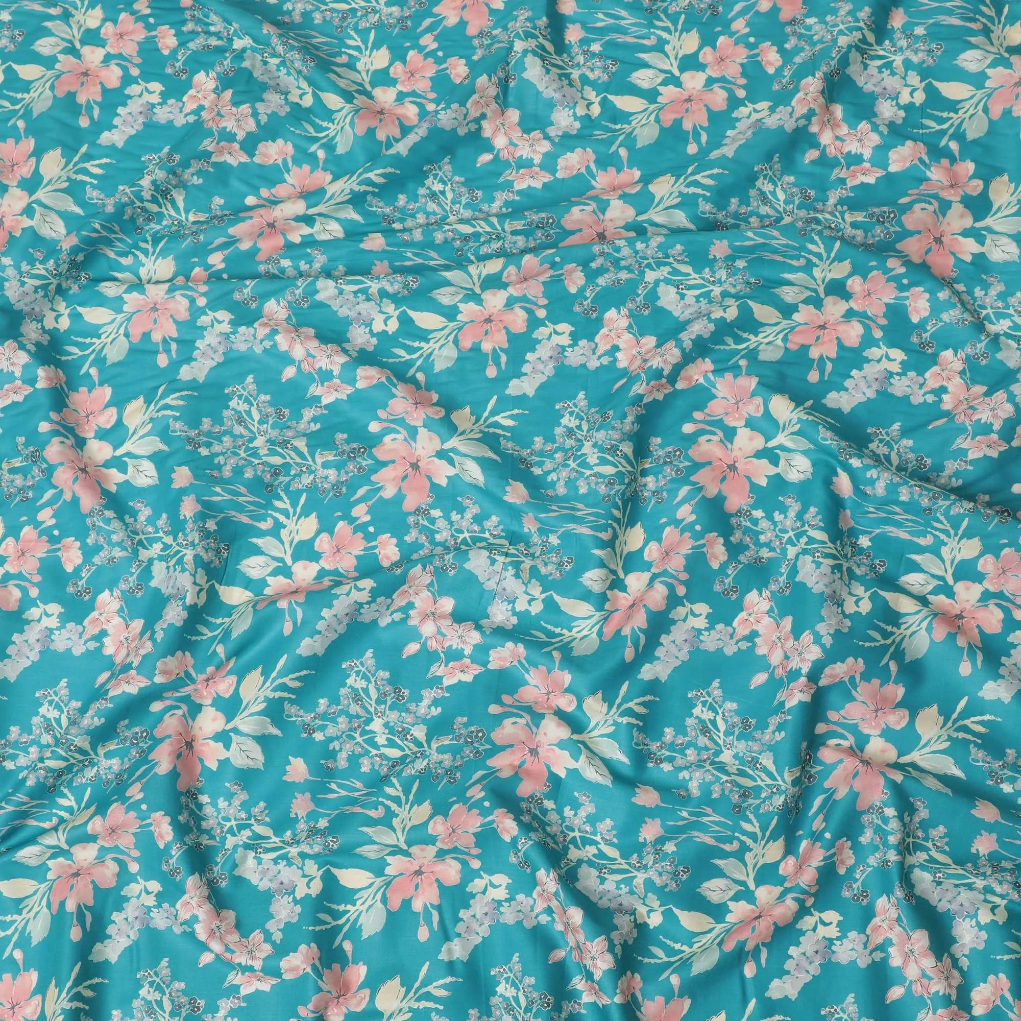 Ocean blue cotton satin fabric with multicolor print in floral design-D16774