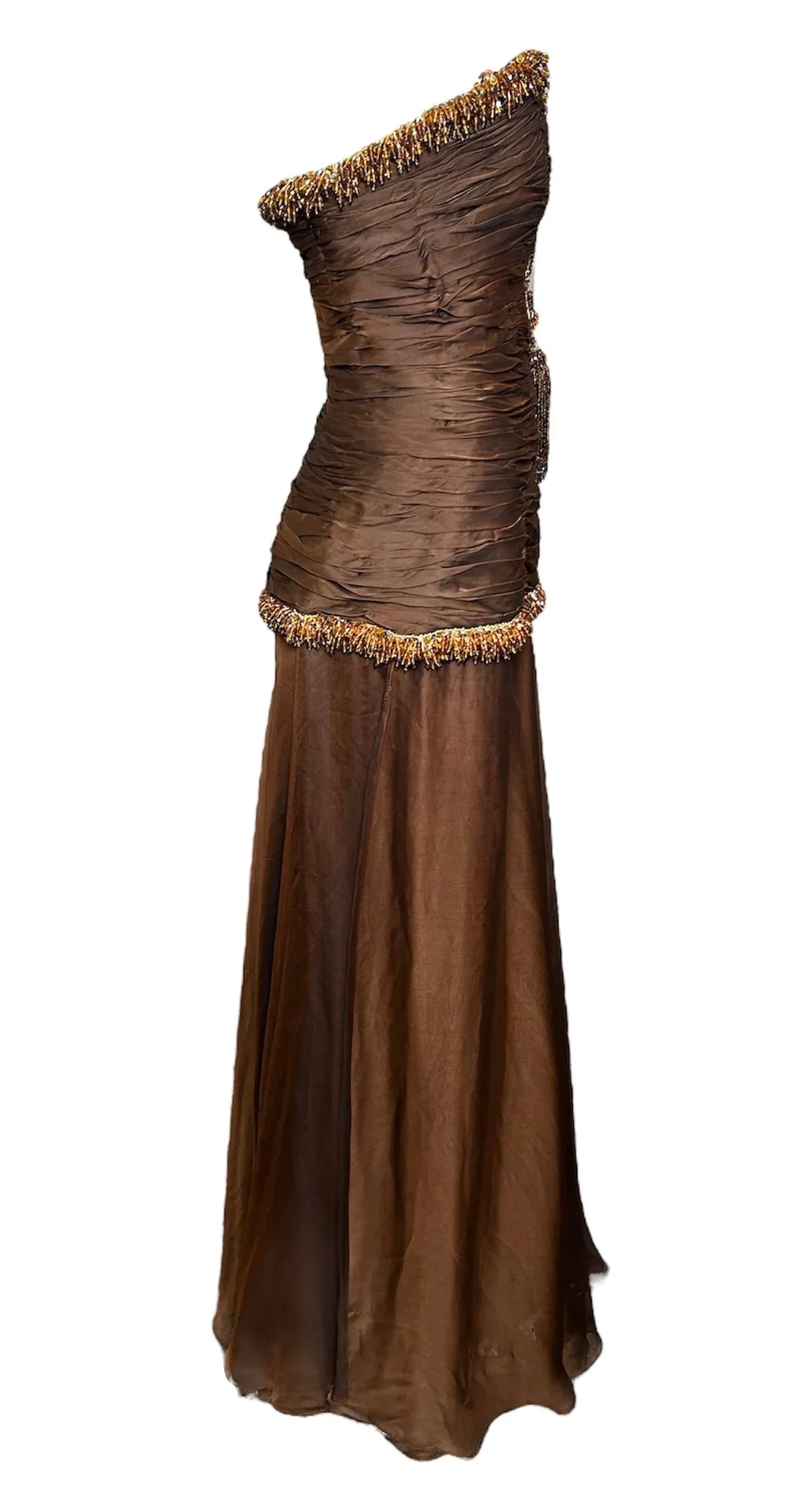 Odicini Couture 1990s Glowing Brown Strapless Silk Gown with Beaded Accents