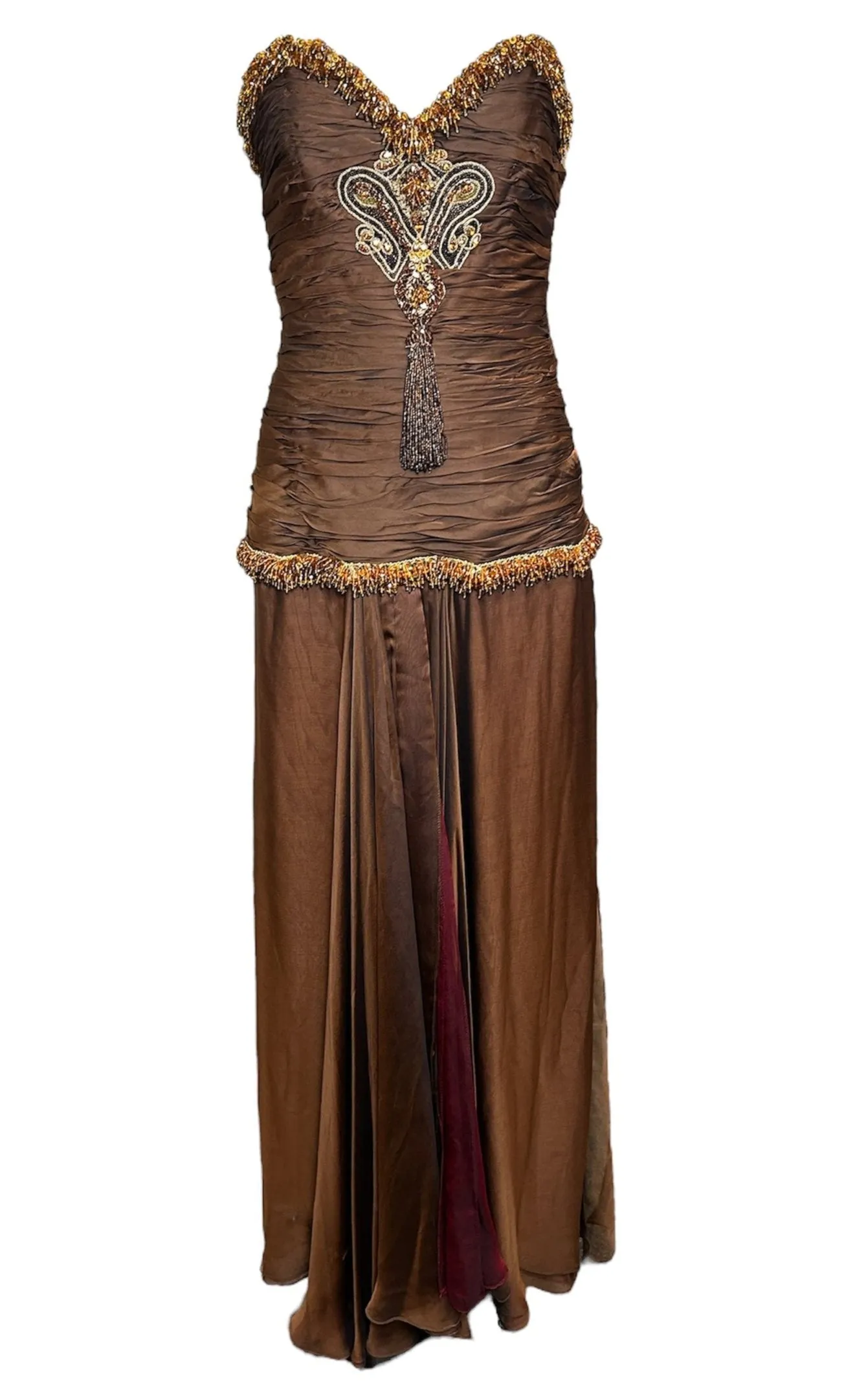 Odicini Couture 1990s Glowing Brown Strapless Silk Gown with Beaded Accents