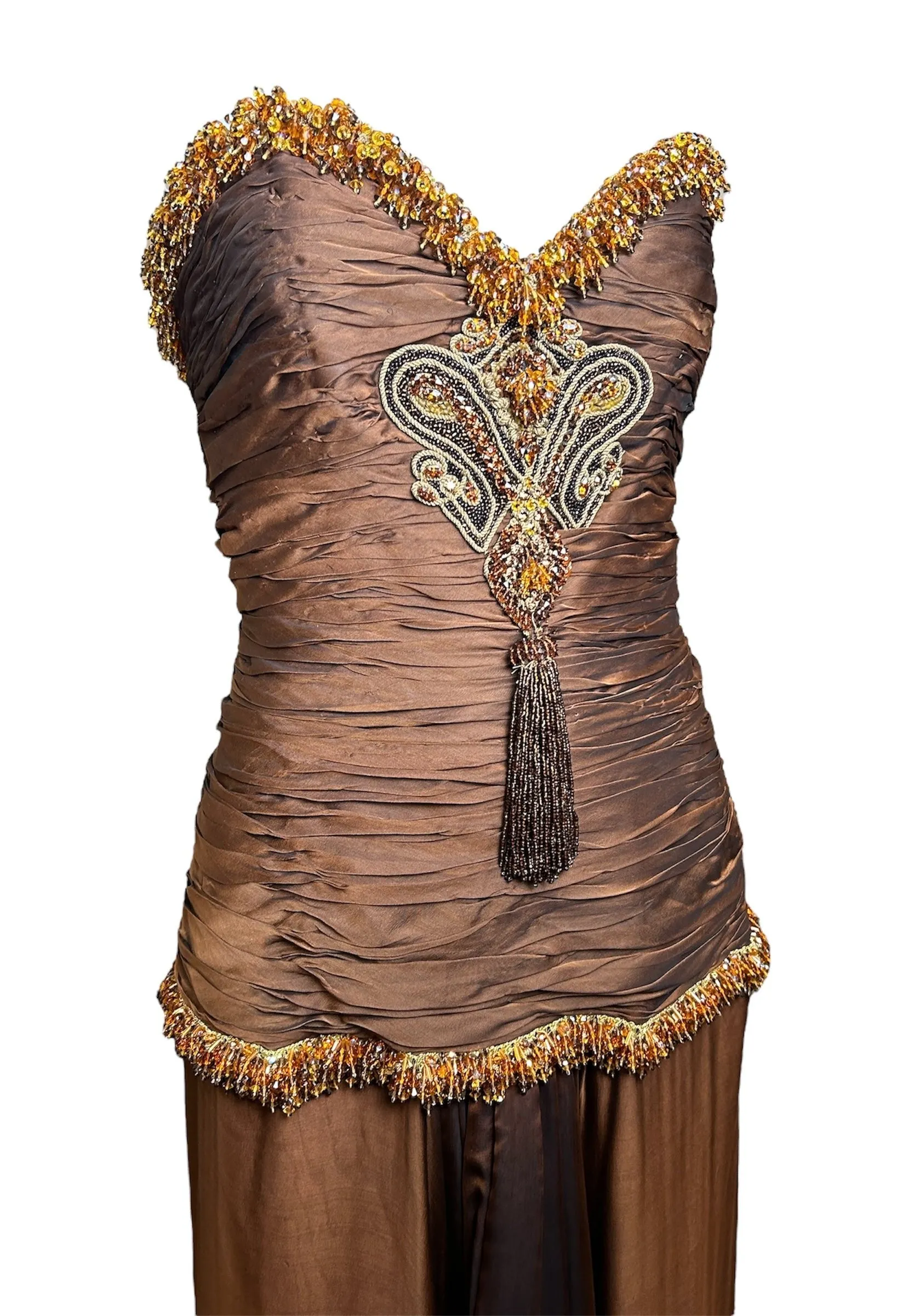 Odicini Couture 1990s Glowing Brown Strapless Silk Gown with Beaded Accents