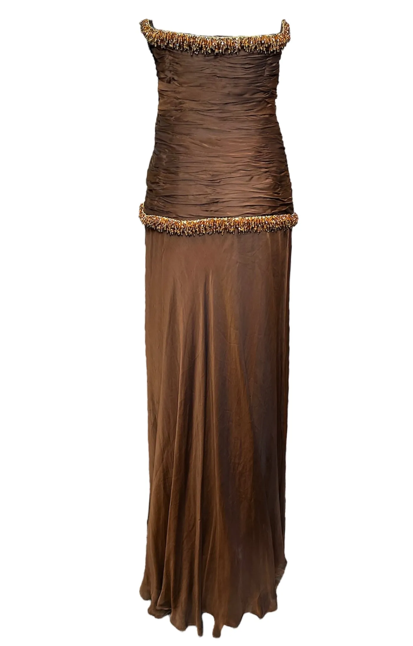 Odicini Couture 1990s Glowing Brown Strapless Silk Gown with Beaded Accents