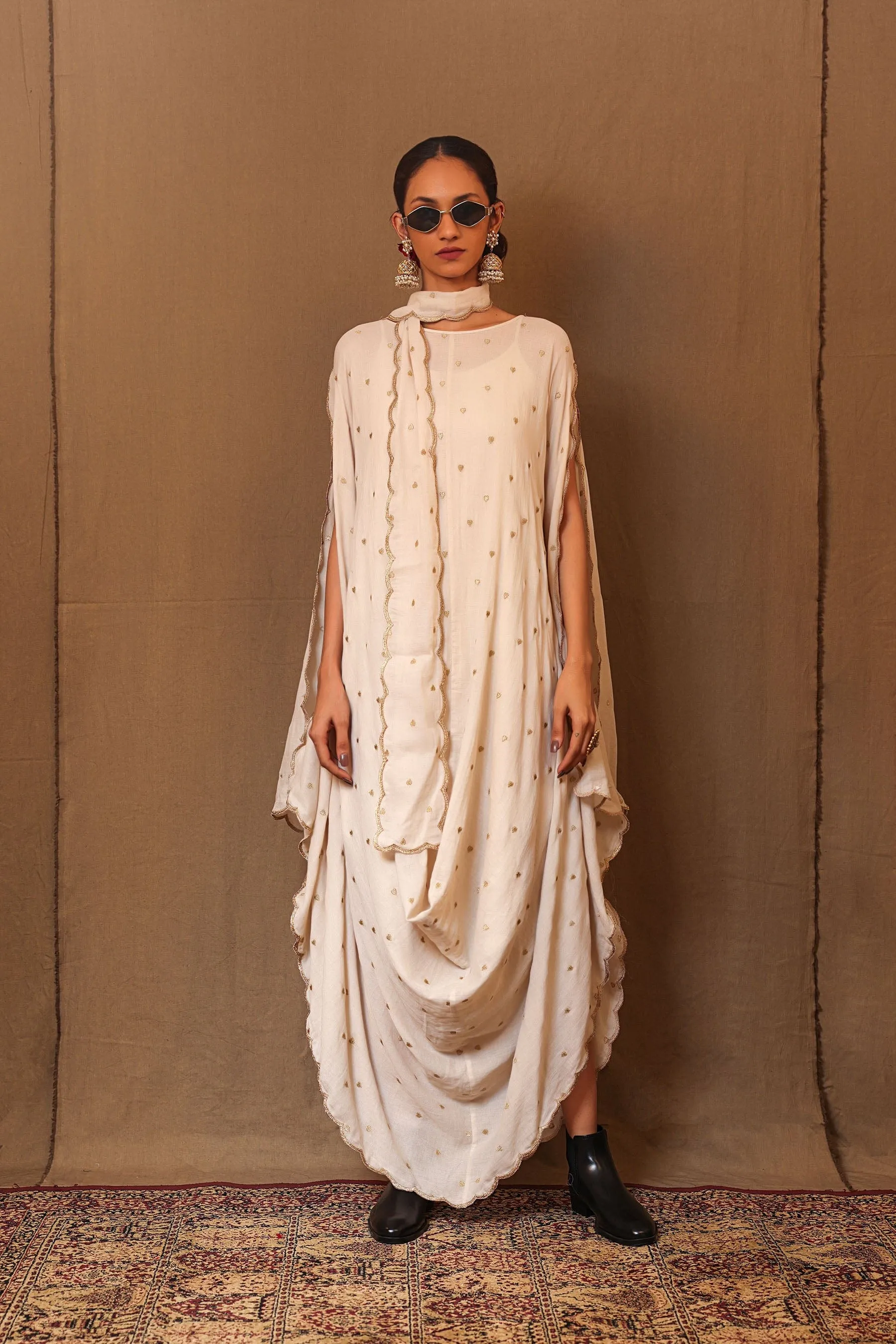 Off-White Zari Heart EMB Cowl Dress & Stole (3 PCS)