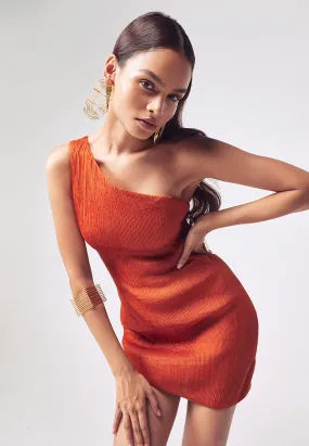 One-Shoulder Tucked Mini Dress in Orange