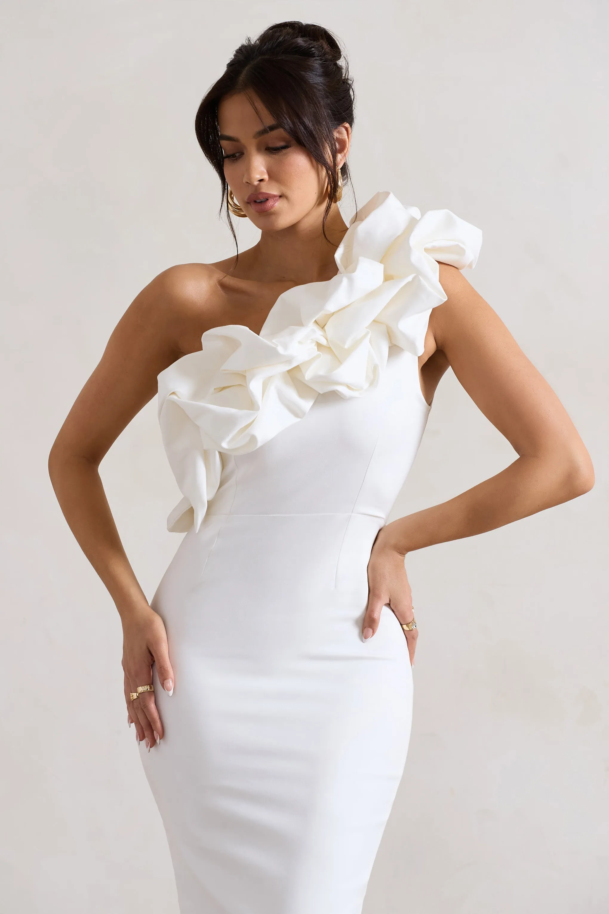 Orchestra | White One Shoulder Ruffled Midi Dress