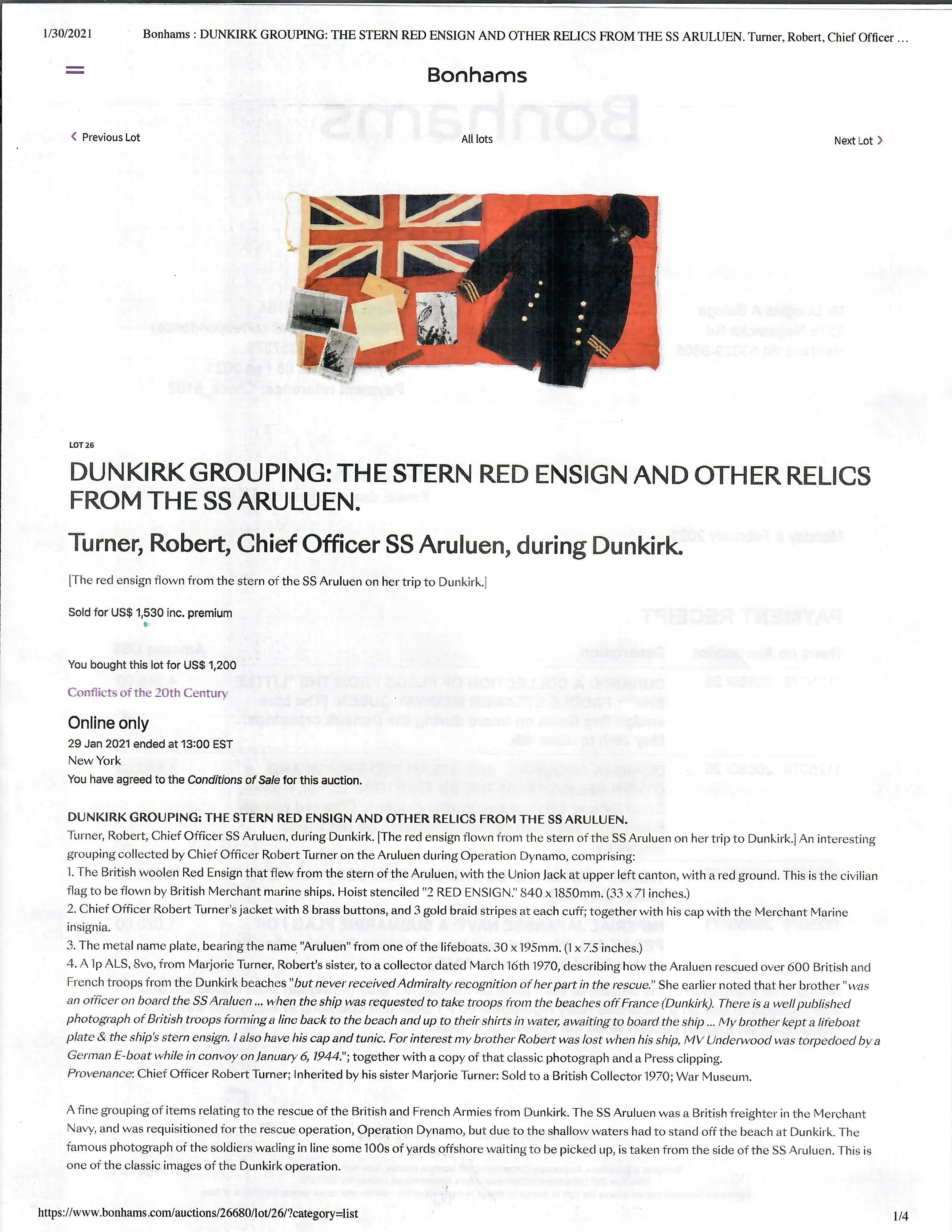 Original British WWII Dunkirk Evacuation Red Ensign Stern Flag and Uniform Grouping For Robert Turner, Chief Officer of the Merchant Vessel SS Araluen - With Letter of Provenance From Sister of Turner