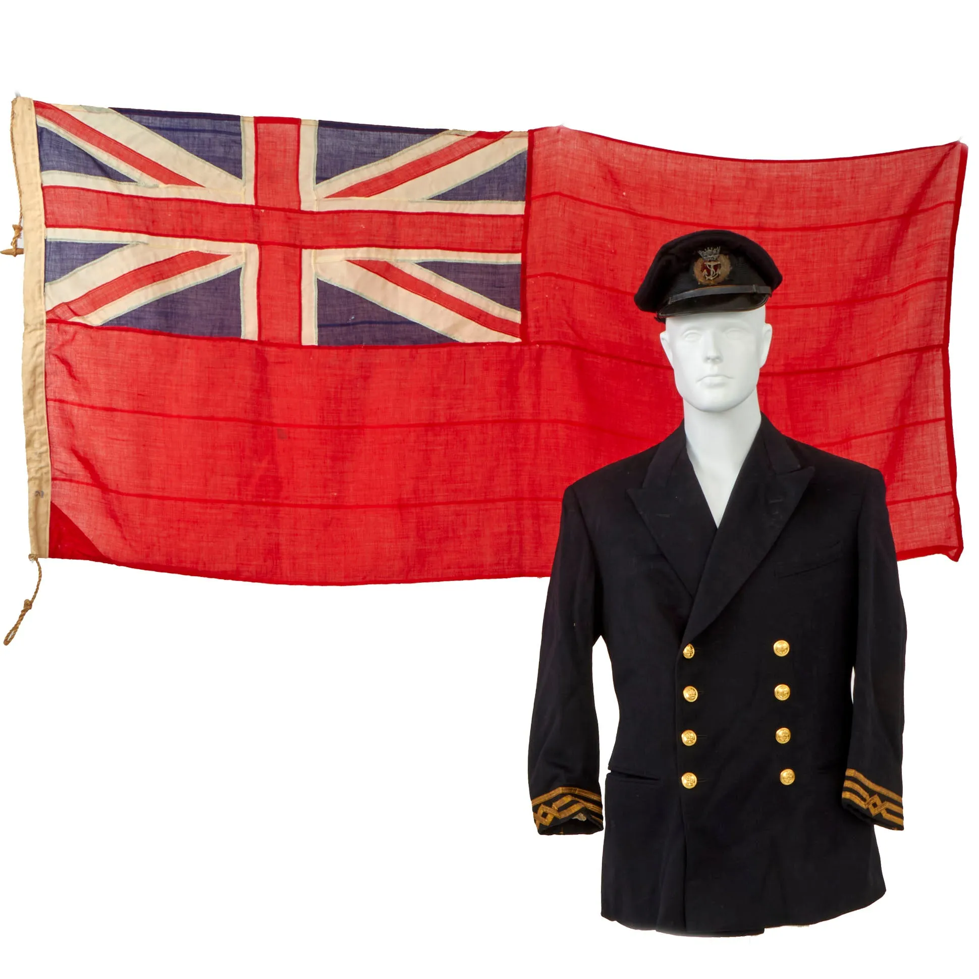 Original British WWII Dunkirk Evacuation Red Ensign Stern Flag and Uniform Grouping For Robert Turner, Chief Officer of the Merchant Vessel SS Araluen - With Letter of Provenance From Sister of Turner