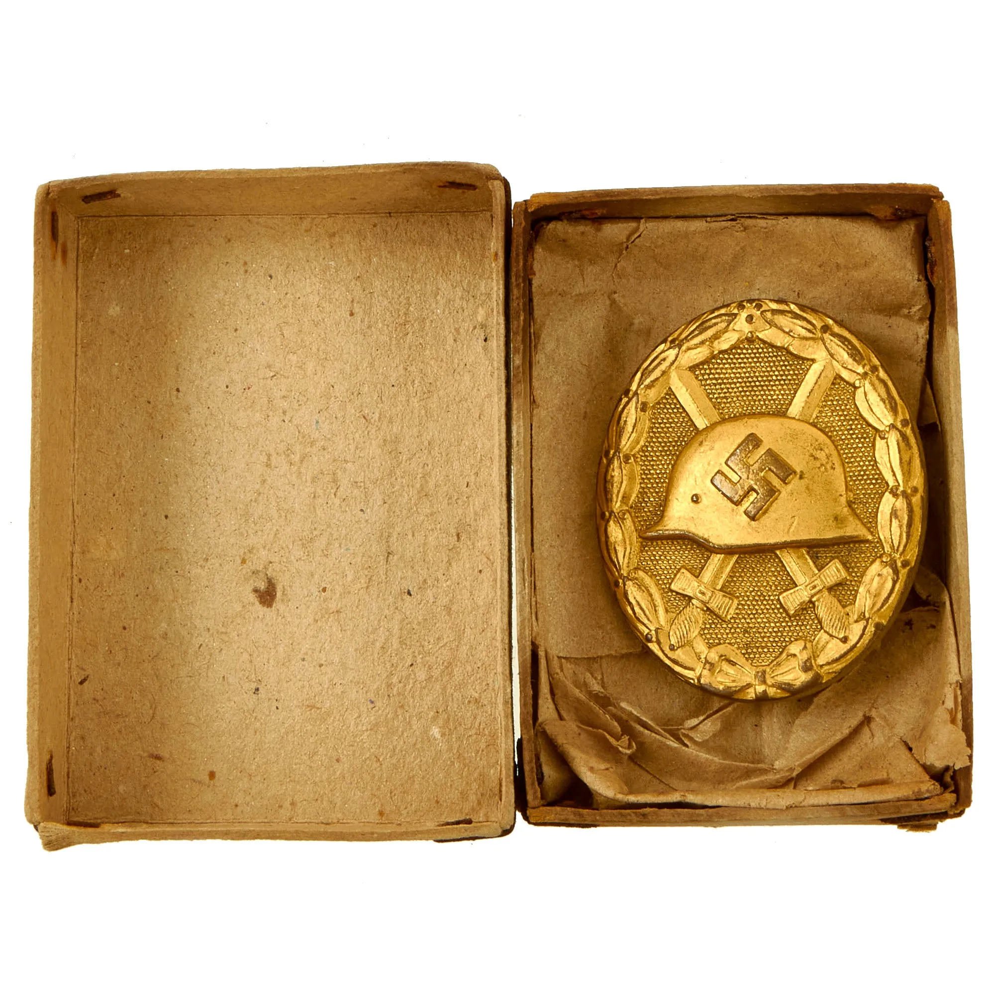 Original German WWII Gold 1st Class Wound Badge in Original Box - Unmarked Brass Solid Back