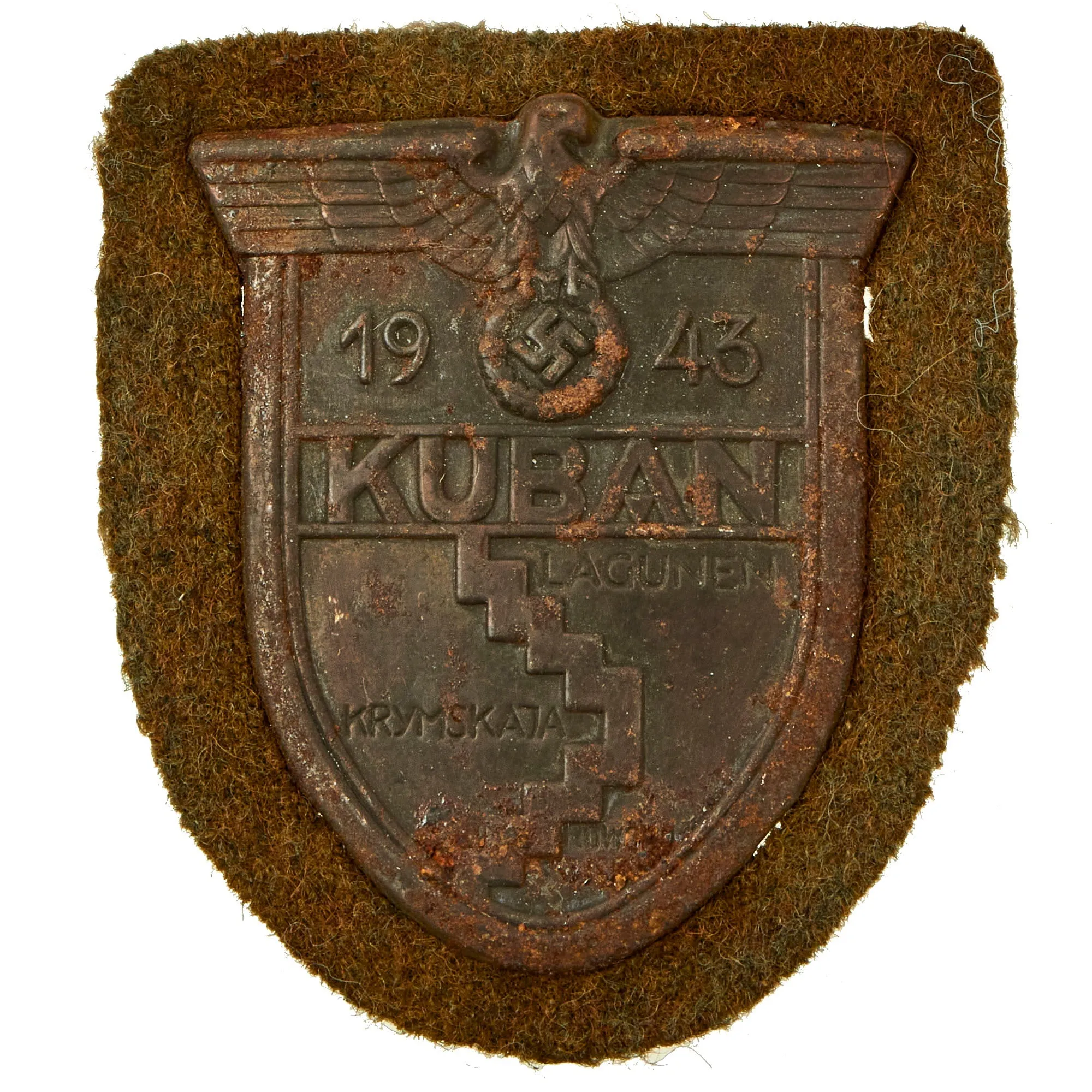 Original German WWII Service Worn Heer Kuban Bridgehead Shield Decoration with Fabric & Back Plate - Ärmelschild Kuban