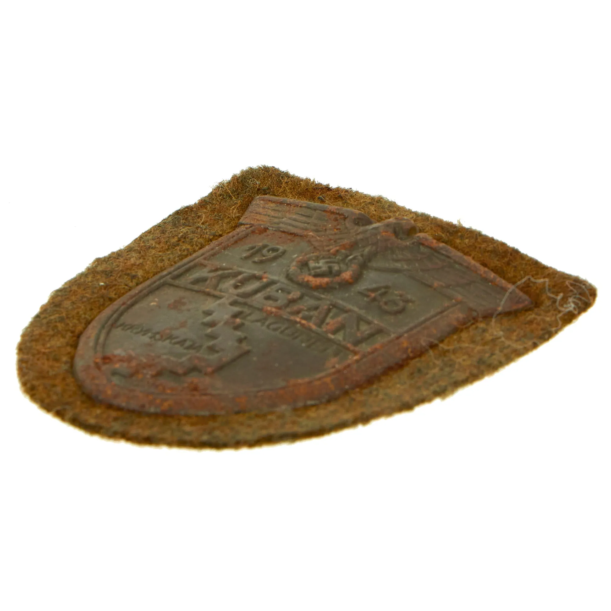 Original German WWII Service Worn Heer Kuban Bridgehead Shield Decoration with Fabric & Back Plate - Ärmelschild Kuban