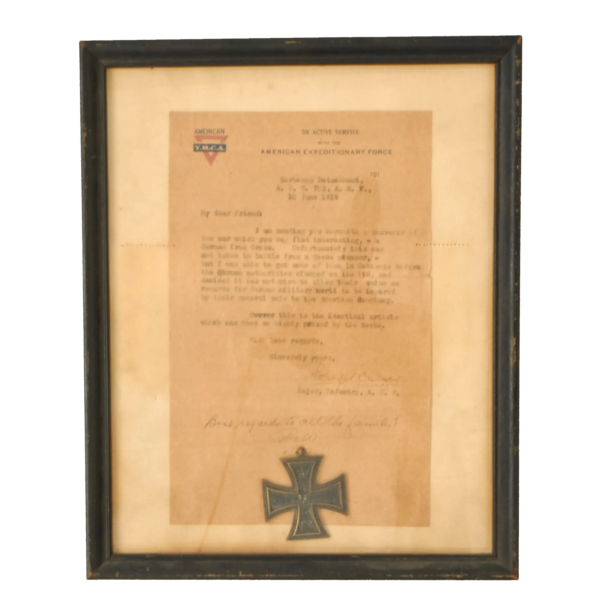 Original U.S. WWI Framed Captured Souvenir German Iron Cross 2nd Class EKII with YMCA Letter Sent Home - 8 ⅞" x 10 ⅞”