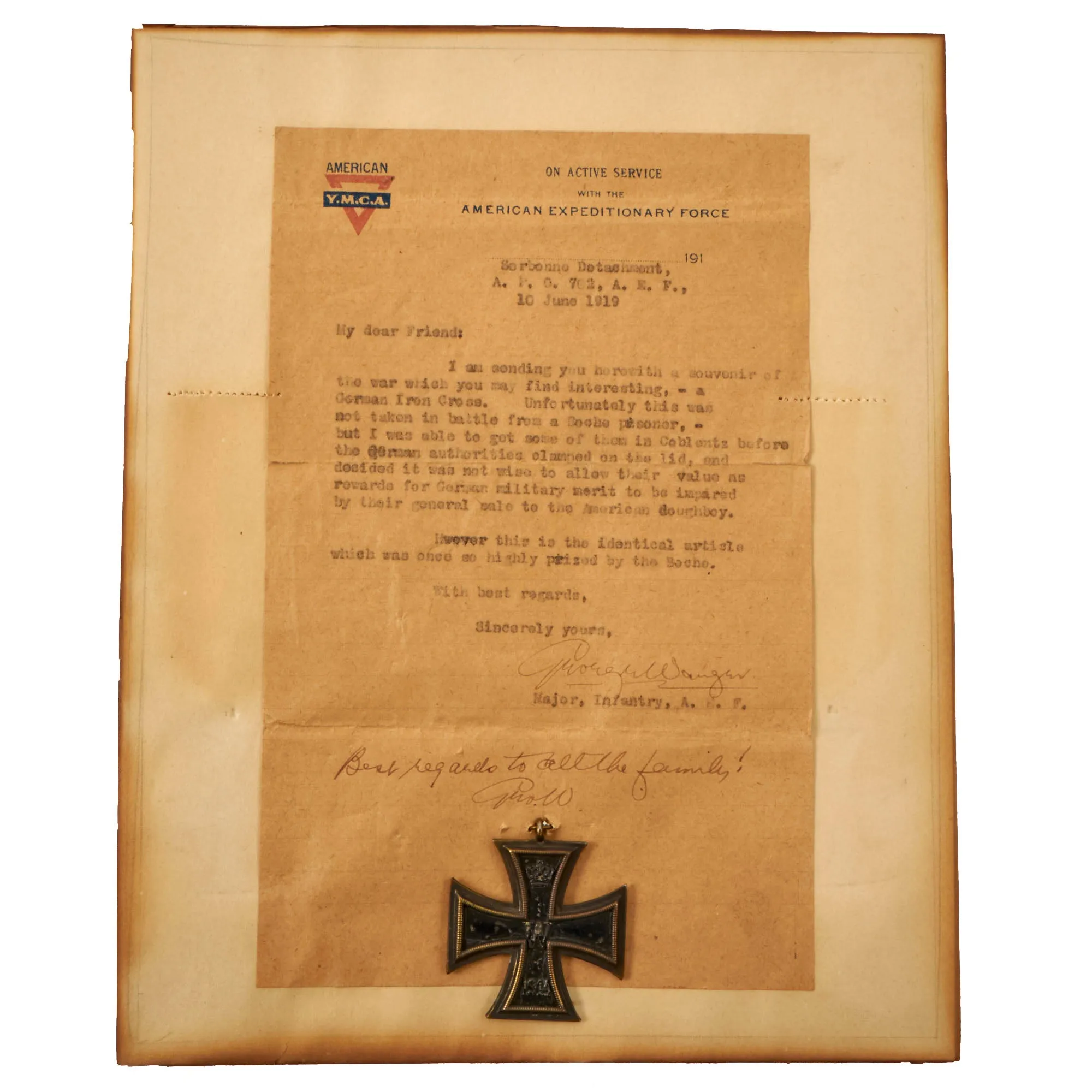 Original U.S. WWI Framed Captured Souvenir German Iron Cross 2nd Class EKII with YMCA Letter Sent Home - 8 ⅞" x 10 ⅞”