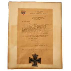 Original U.S. WWI Framed Captured Souvenir German Iron Cross 2nd Class EKII with YMCA Letter Sent Home - 8 ⅞" x 10 ⅞”