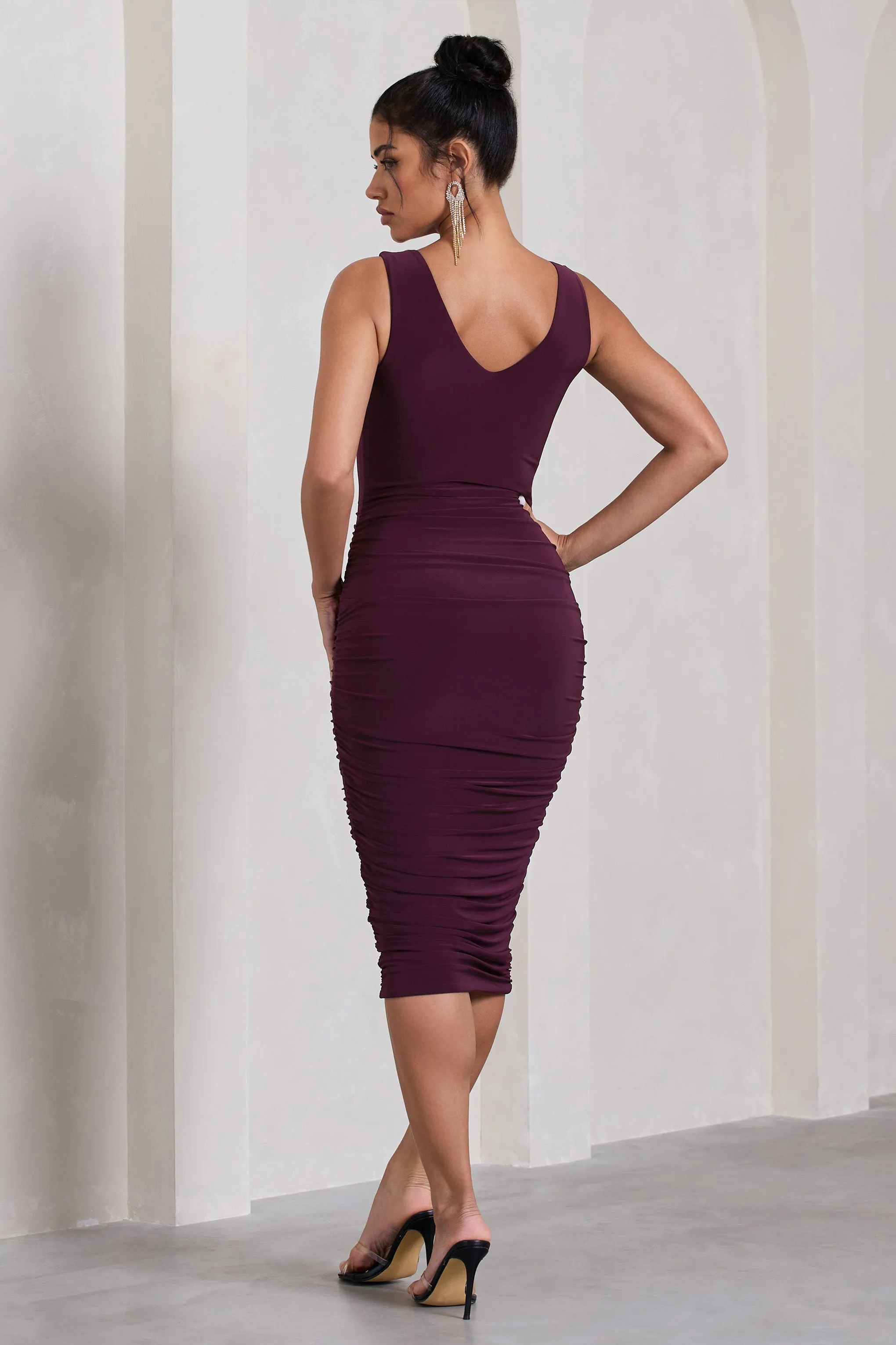 Out Of Love | Plum Ruched Bodycon Plunge-Neck Midi Dress