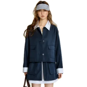 Patchwork Striped Trench Coat in Dark Blue