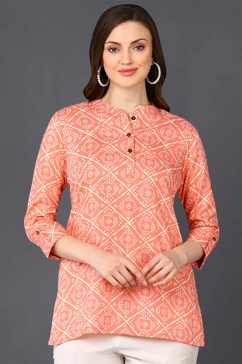 Peach Cotton Blend Bandhani Printed Straight Tunic