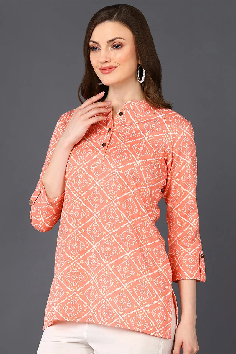 Peach Cotton Blend Bandhani Printed Straight Tunic