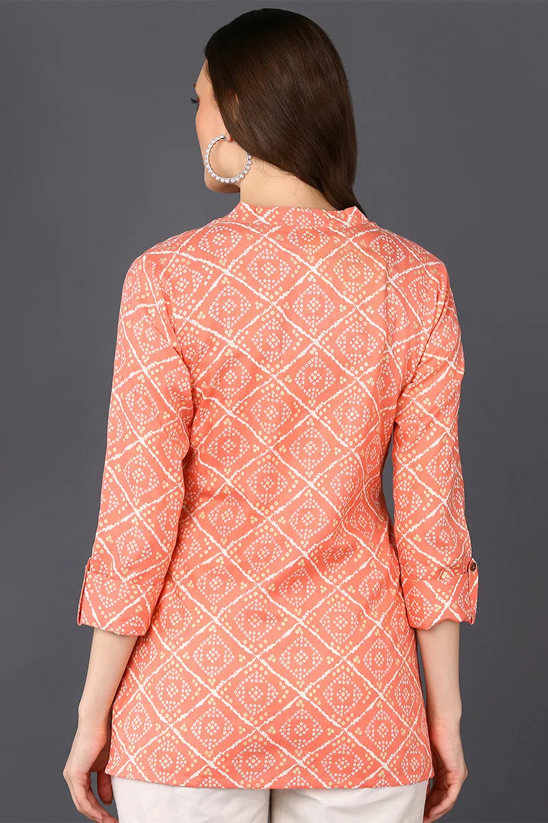 Peach Cotton Blend Bandhani Printed Straight Tunic