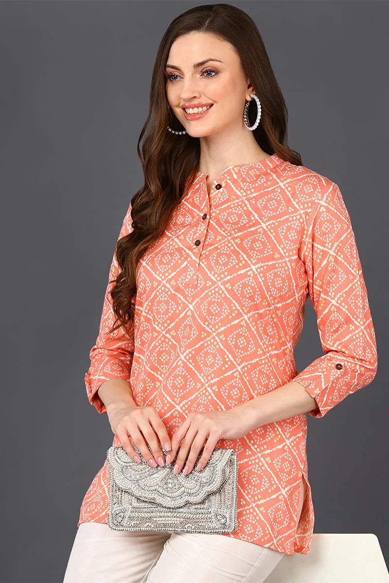 Peach Cotton Blend Bandhani Printed Straight Tunic