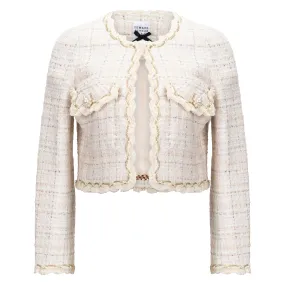 Pearl Button Cropped Tweed Jacket - Ivory   Gold