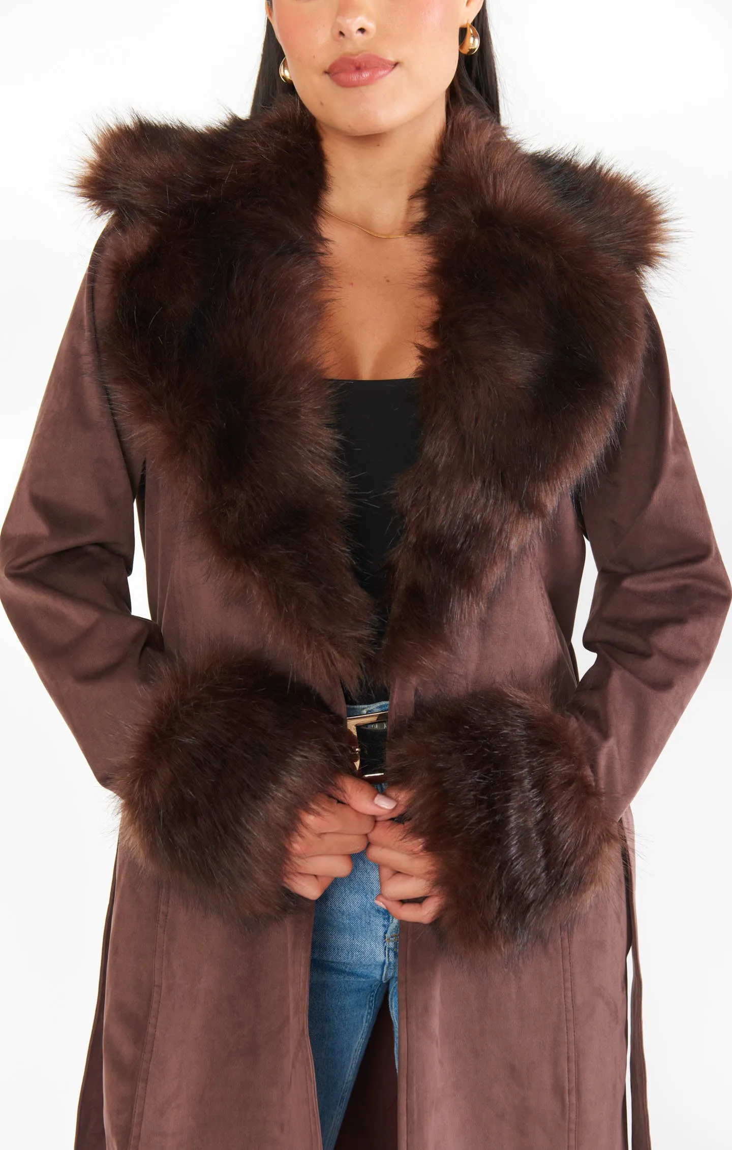 Penny Lane Long Coat ~ Cocoa Faux Suede with Faux Fur