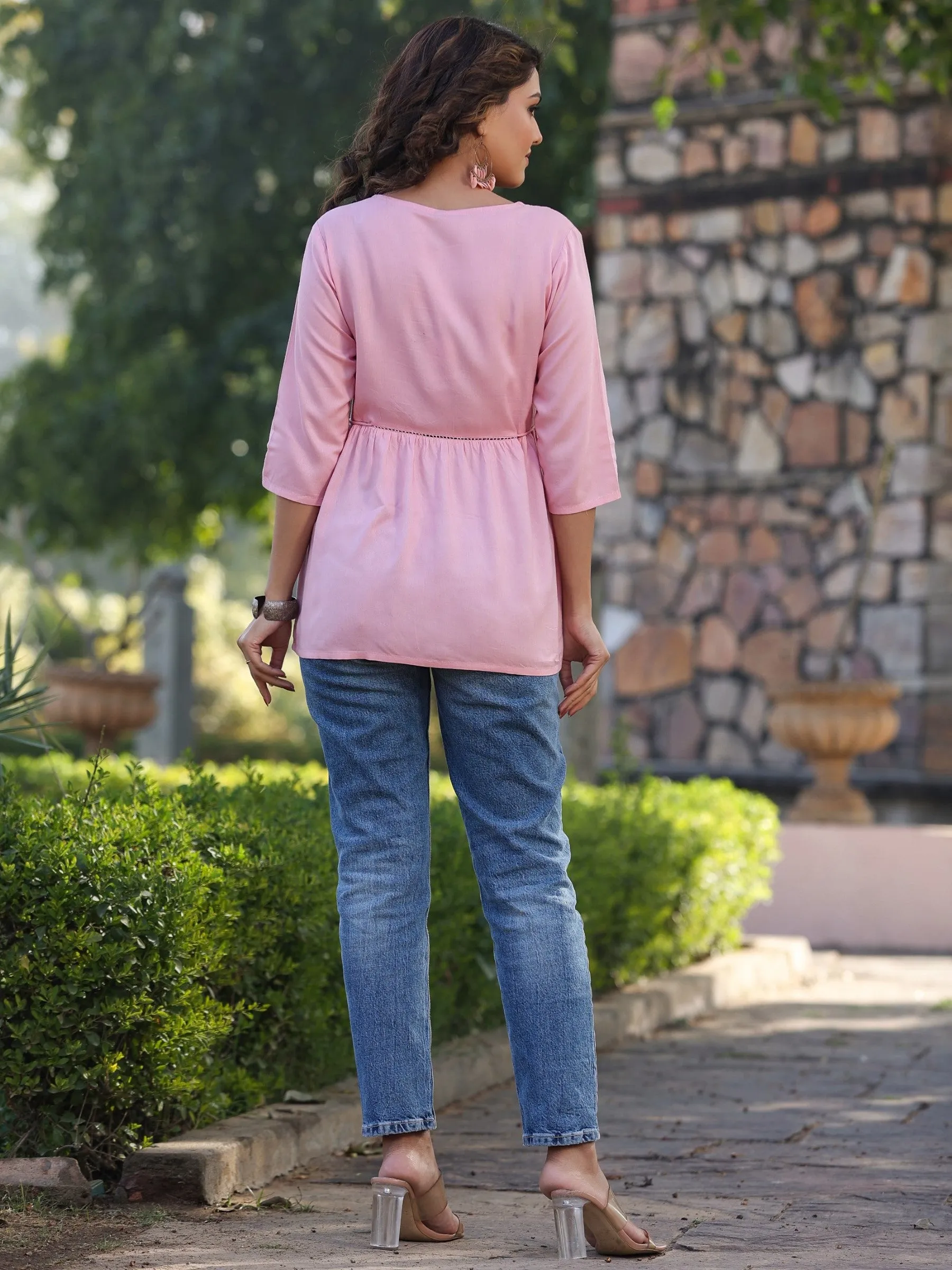 Pink Rayon Staple Solid With Embroidery Straight Tunic