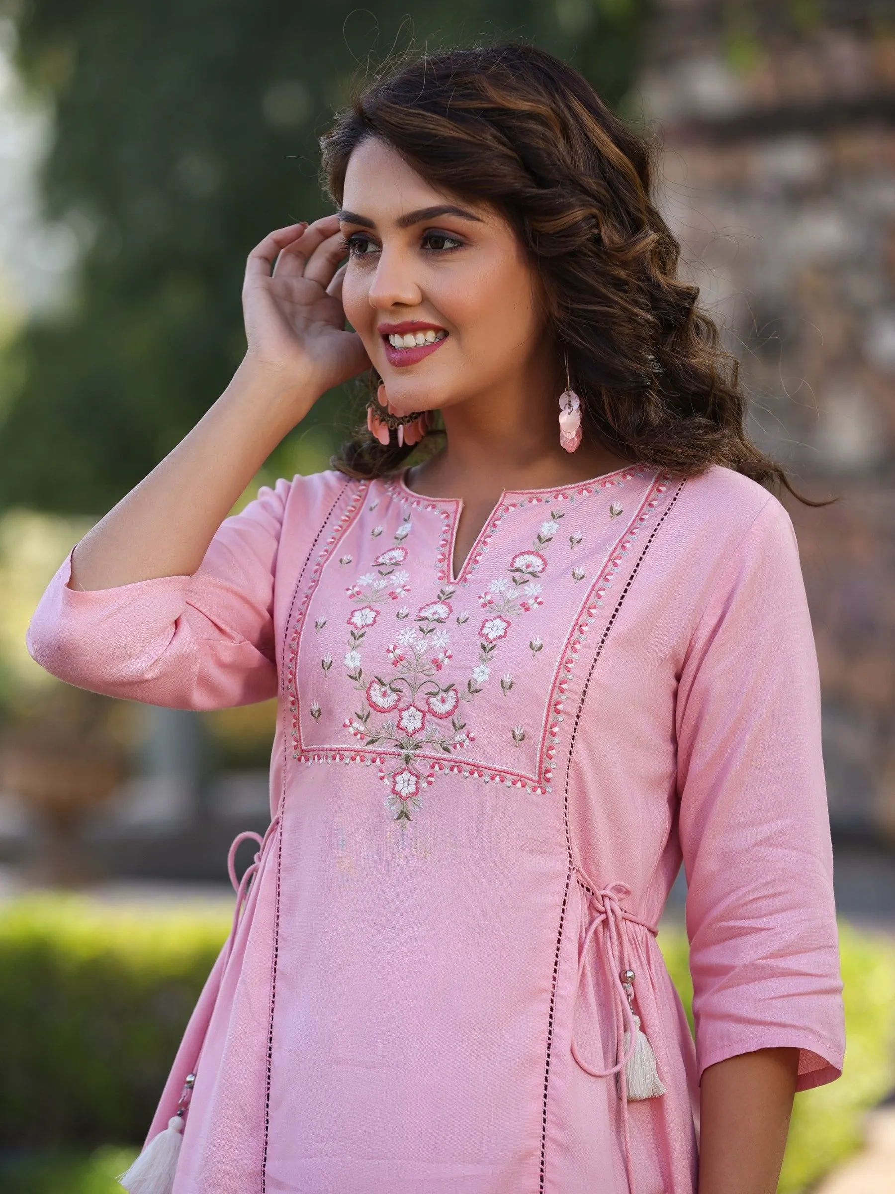 Pink Rayon Staple Solid With Embroidery Straight Tunic