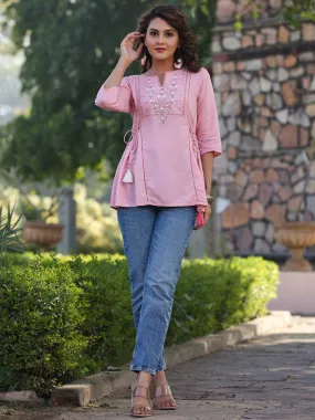 Pink Rayon Staple Solid With Embroidery Straight Tunic