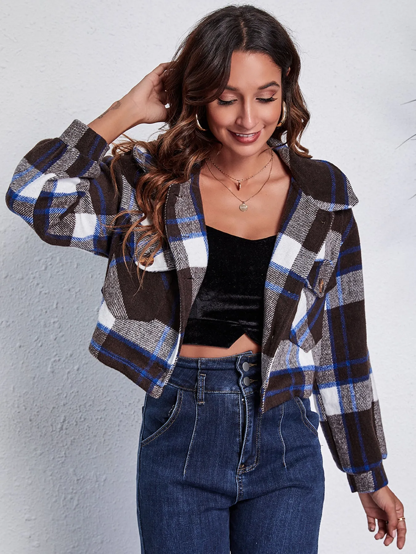 Plaid Cropped Button Down Flannel Style Plaid Jacket